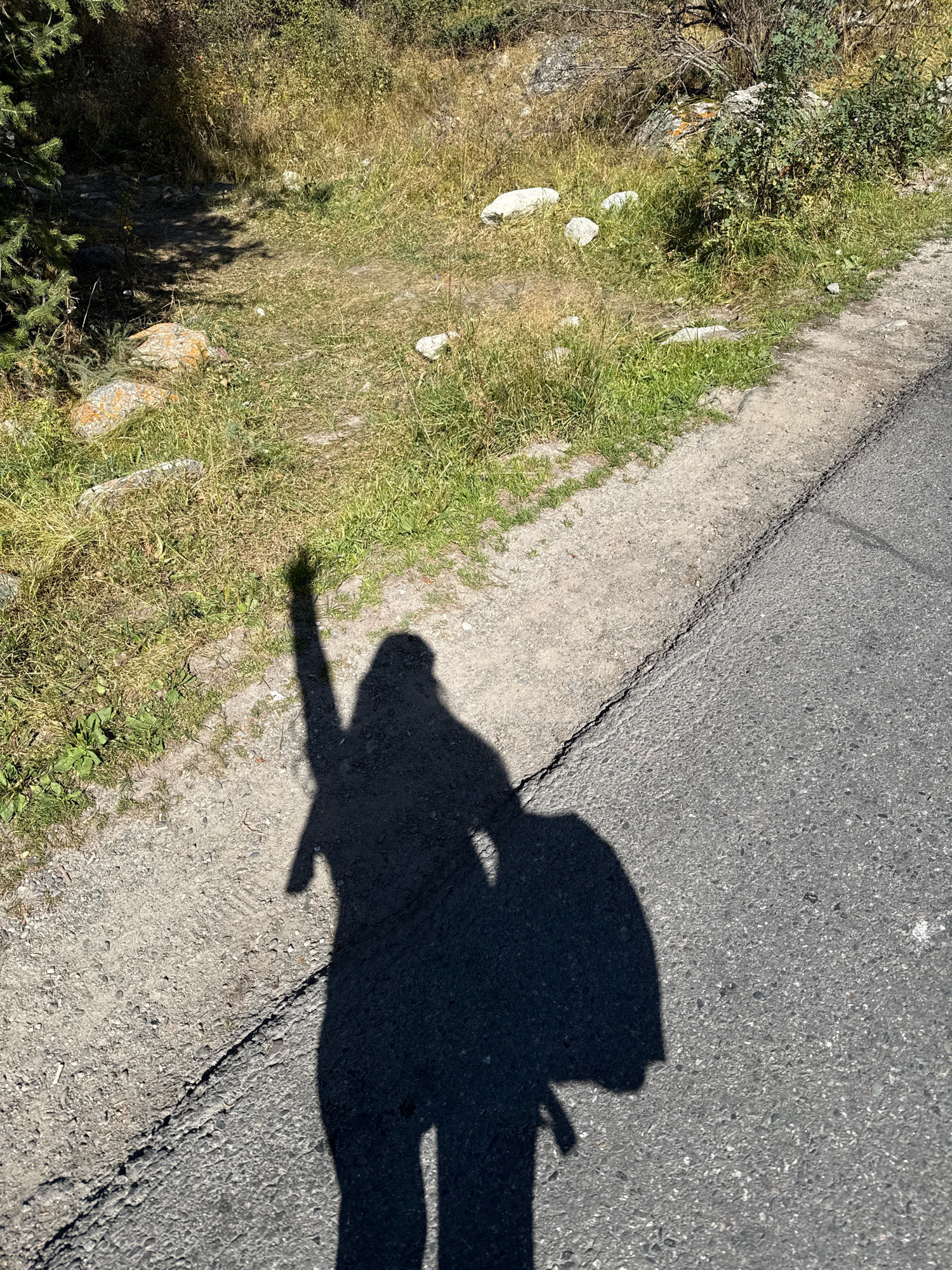 An overhead shot shows the shadow of a person walking on a road in the city of Unknown, Kyrgyzstan. The person is wearing a backpack and holding an object in their raised hand. The shadow is cast on a cracked asphalt road that borders a grassy area. The grass is dry and patchy in some areas, with several rocks and some bushes interspersed. The scene is illuminated by direct sunlight, creating sharp shadows.