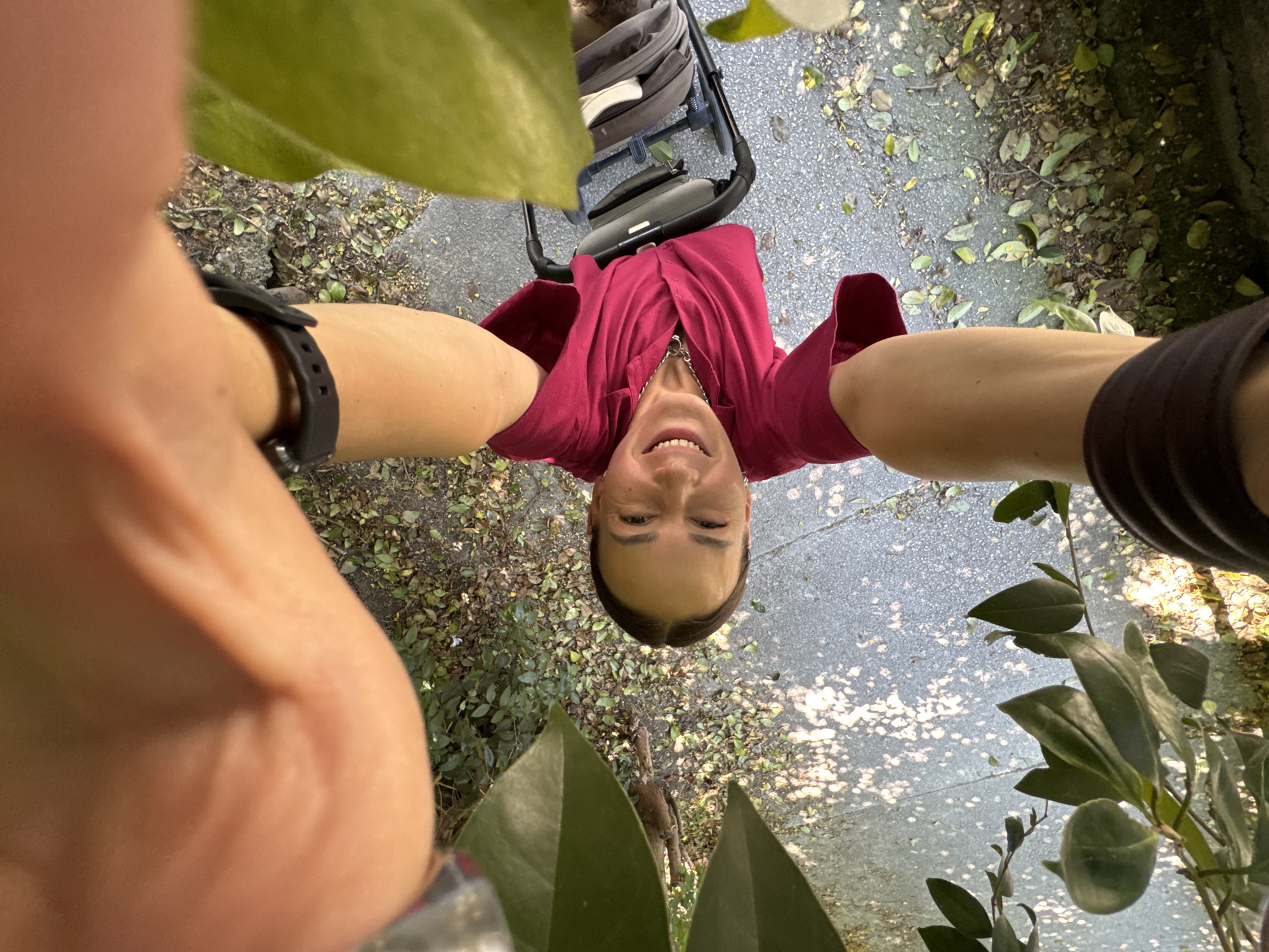 A woman, appearing to be in her early to mid-thirties, is captured from a high-angle, close-up perspective, holding a camera or phone in a selfie-style shot. She is looking directly at the camera with a wide, genuine smile, her right eye squinting slightly. She wears a vibrant pink collared shirt and a silver necklace. Her arms are extended outwards, suggesting she is holding a device to take the photo. The background is an outdoor setting, likely a park or garden, with a paved walkway and scattered fallen leaves. Green foliage is visible in the foreground and around the periphery of the image, some of which obscures parts of the frame. The lighting suggests it is daytime, with dappled sunlight creating patterns on the ground. A stroller with a gray fabric seat and dark frame is partially visible beneath her. The image does not contain enough specific visual cues to definitively place the location in Sochi, Russia.