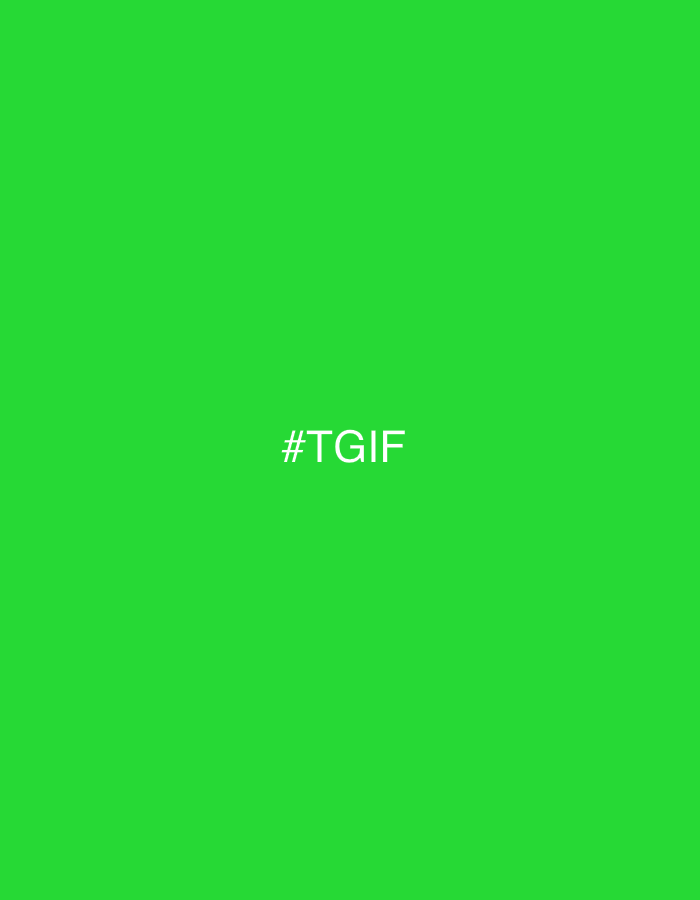 The media file is a solid, vibrant green background with white text centered in the middle. The text reads "#TGIF". There are no people, objects, or scene details visible. The context of Saint Petersburg, Russia, and any information about time of day, weather, or emotions are not discernible from the image itself. The image's sole content is the hashtag "#TGIF" displayed on a monochromatic background.
