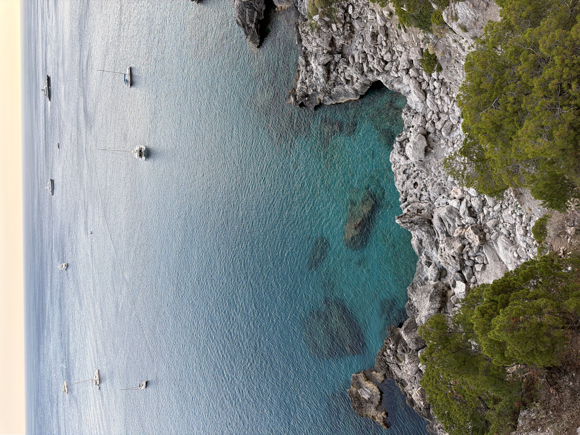 This is an aerial view of the coast of Capri, Italy. The image shows turquoise water meeting a rocky coastline covered with vegetation. Several boats are visible on the water, and the shoreline consists of a mix of gray rocks and green trees. The focus is on the natural landscape and marine activity.