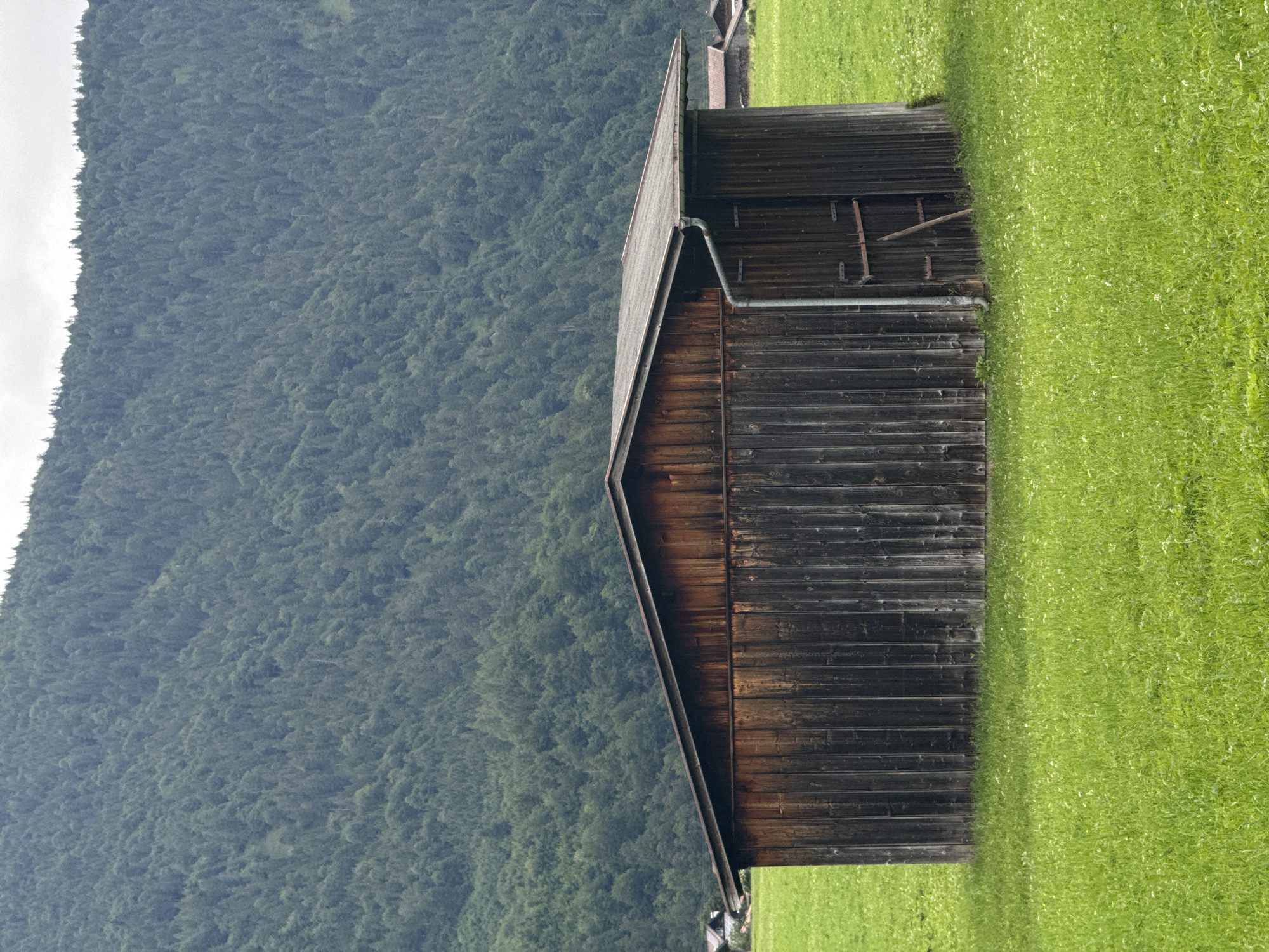 The image shows a rustic wooden barn situated in a lush green meadow. The barn has a simple gabled roof with a gutter system. The wooden planks of the barn are weathered and show variations in color, ranging from dark brown to lighter reddish-brown. There appears to be a door or entrance on the side of the barn, with some metal fixtures and a wooden support leaning against it. In the background, a dense, dark green forest covers the slope of a mountain. The sky is overcast. The scene evokes a rural, mountainous landscape, characteristic of the Bavarian Alps. The location is Garmisch-Partenkirchen, Germany. There are no people or animals visible in the image.