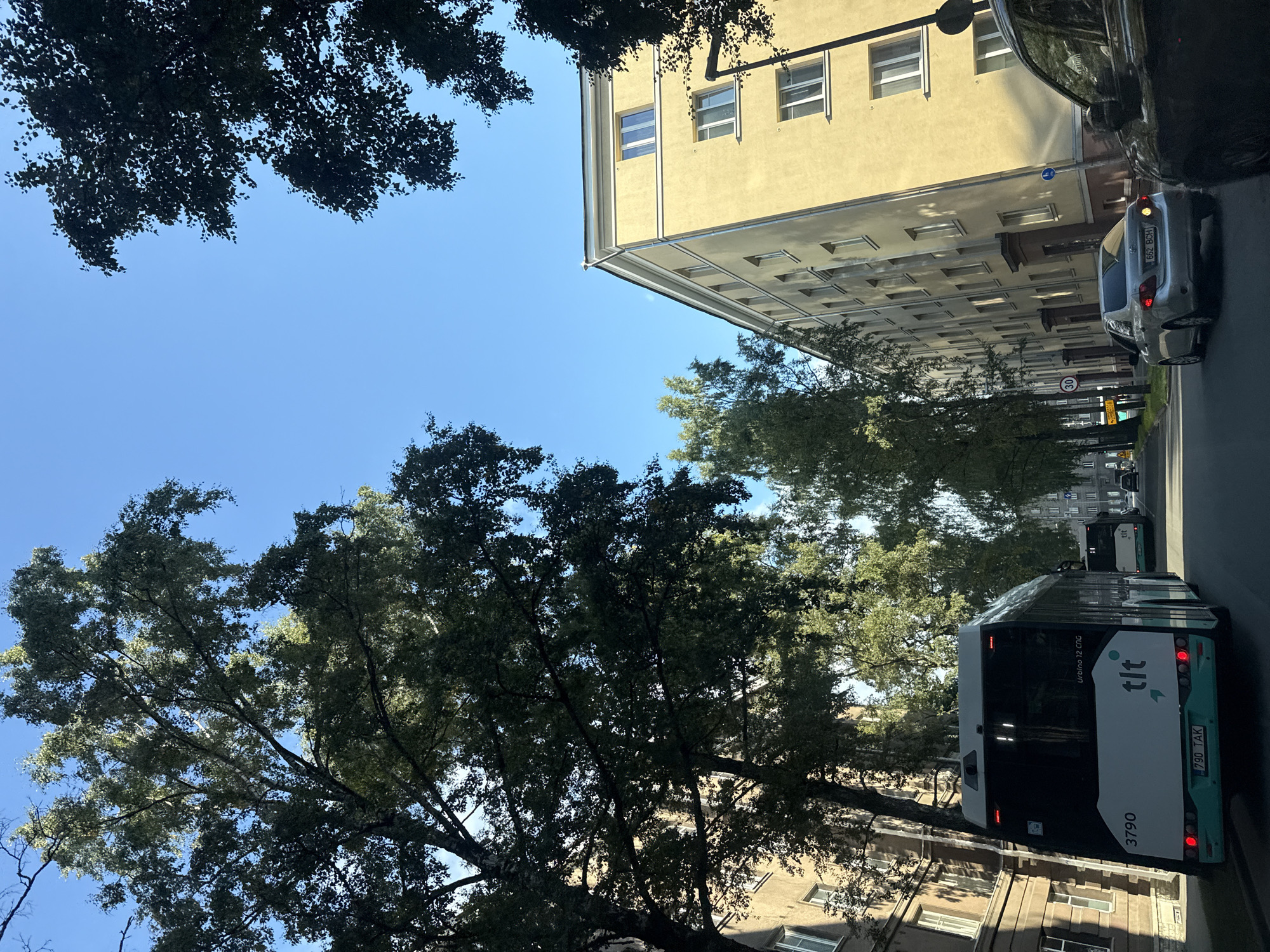 The image shows a view from inside a vehicle driving down a street in Tallinn, Estonia. The street is lined with trees and apartment buildings. On the left, a bus with the number 3790 and the logo "tlt" is visible. The bus has the license plate "790 TAK". Further down the street, another bus with the same branding is visible. A silver sedan with license plate "662 BCH" is driving in front of the vehicle taking the picture. A dark-colored car is parked on the right. The sky is clear and blue. The buildings appear to be residential, with multiple windows on each floor. A street sign with the number 30 is visible on the left side of the road. The image captures a typical urban scene in Tallinn on a sunny day.