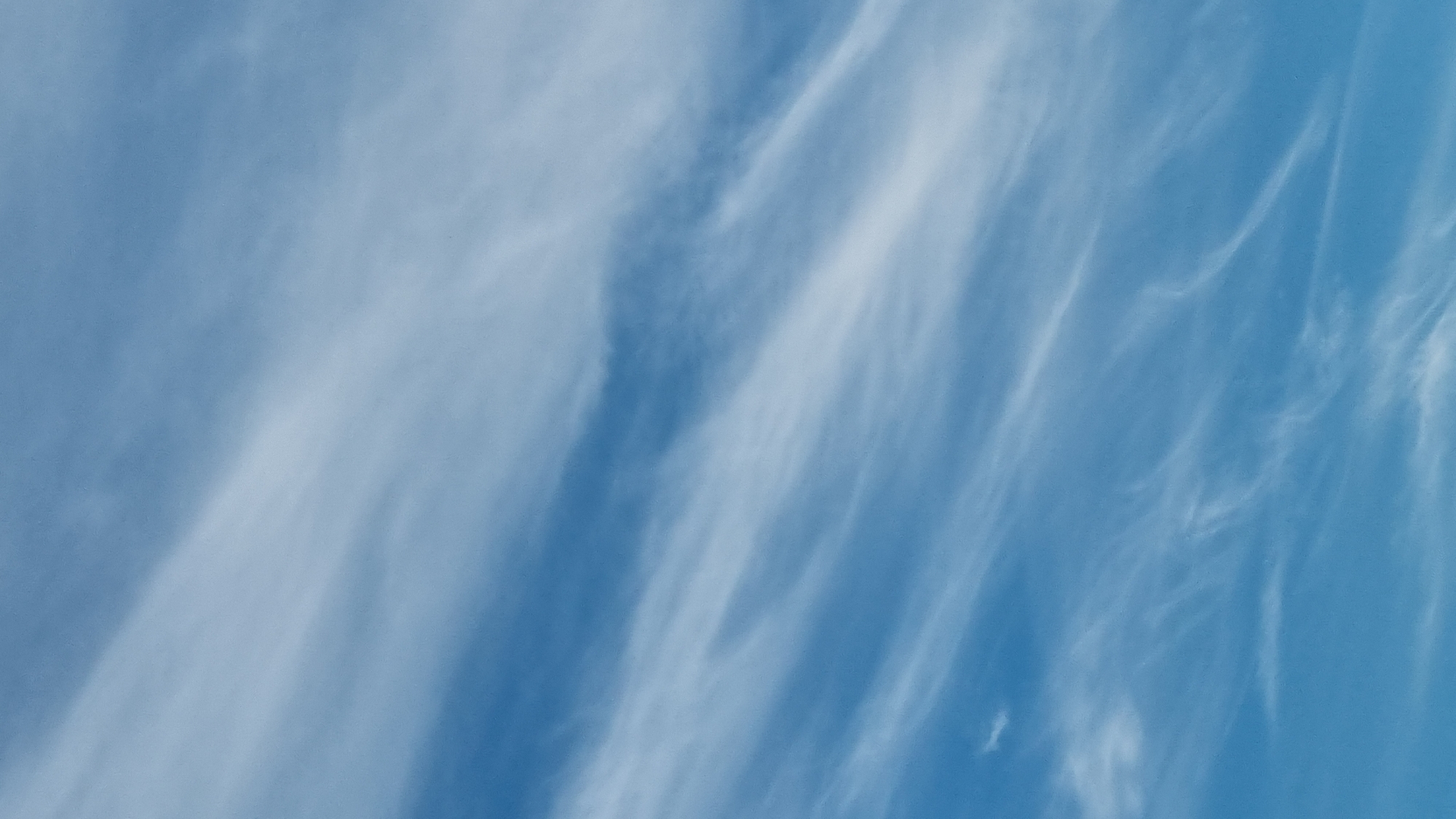 The image depicts a clear blue sky filled with thin, wispy clouds. These clouds, appearing in streaks and feathery patterns, are characteristic of cirrus clouds. The sky's color suggests it is daytime, likely mid-day or afternoon, given the brightness and intensity of the blue. There are no discernible objects, people, or specific landmarks in the frame, making the scene abstract and focused solely on the sky. The weather appears fair, with the clouds indicating high altitude ice crystals. The location is noted as Vysokoe, Russia, but there are no visual cues in the image itself to confirm this specific location. The overall mood is serene and expansive. There is no visible text in the image.