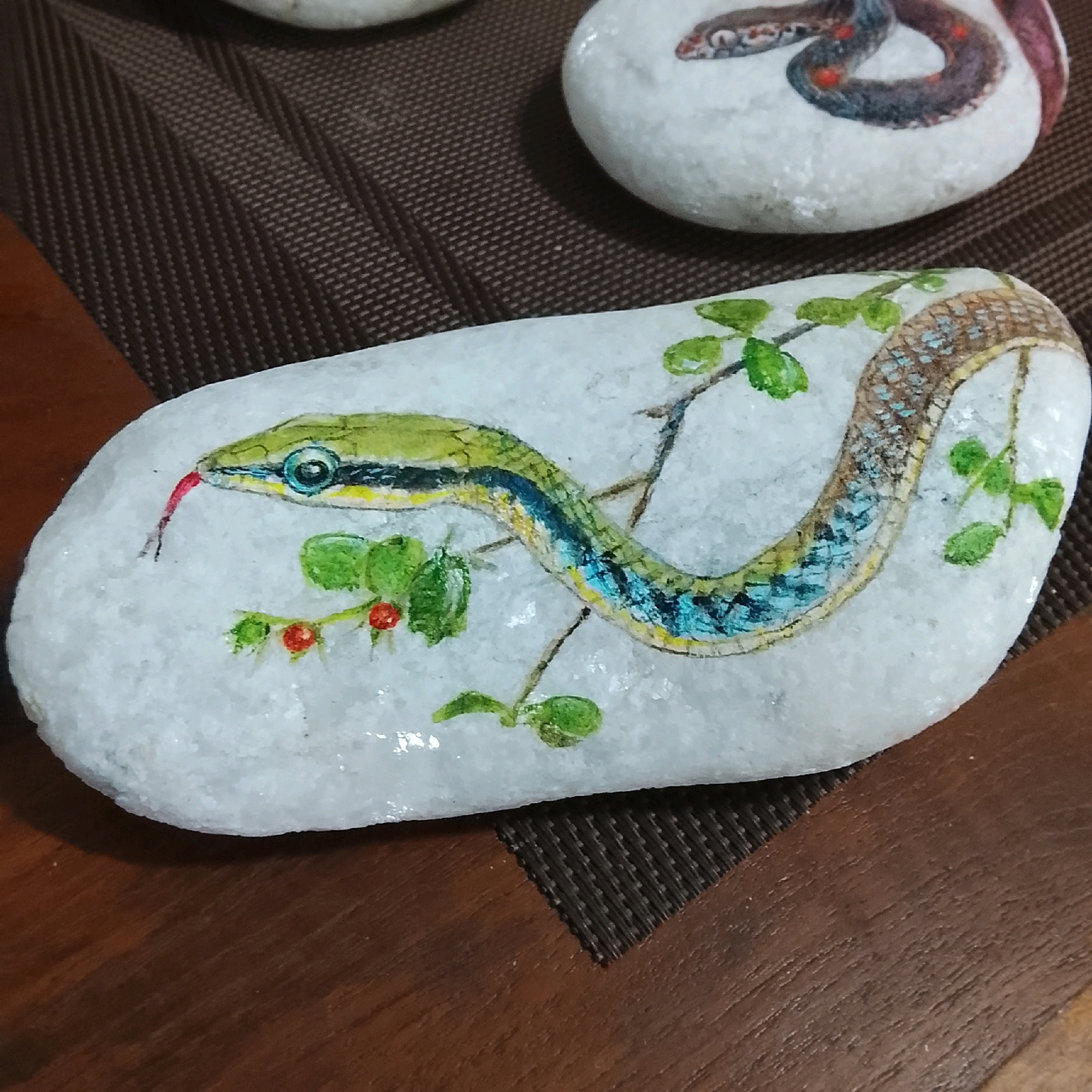 The image shows two painted rocks. The rock in the foreground is oval-shaped and white, with a painting of a green snake with a blue and yellow stripe down its back. The snake has its red tongue sticking out and is coiled around a branch with green leaves and red berries. The rock in the background is round and white, with a painting of a dark-colored snake with red markings. Both rocks are placed on a brown, textured placemat, which is on a wooden surface. The scene appears to be indoors, possibly a table setting. No specific location in Colombo, Sri Lanka, can be determined from the image.