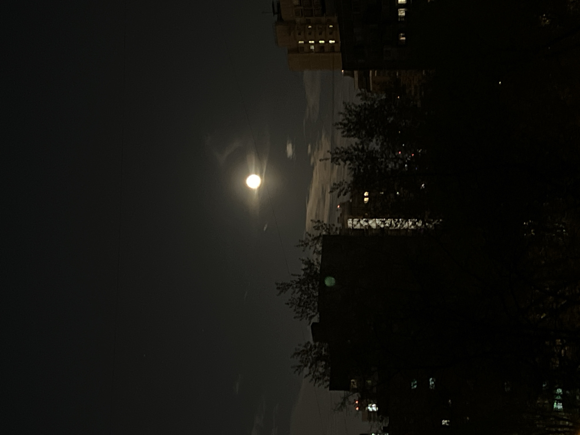 The image depicts a nighttime scene in Khimki, Russia. The moon is visible in the sky, partially obscured by thin clouds. The silhouettes of apartment buildings and trees line the right side of the frame, with lights visible in some windows. The overall impression is of a quiet urban environment at night.