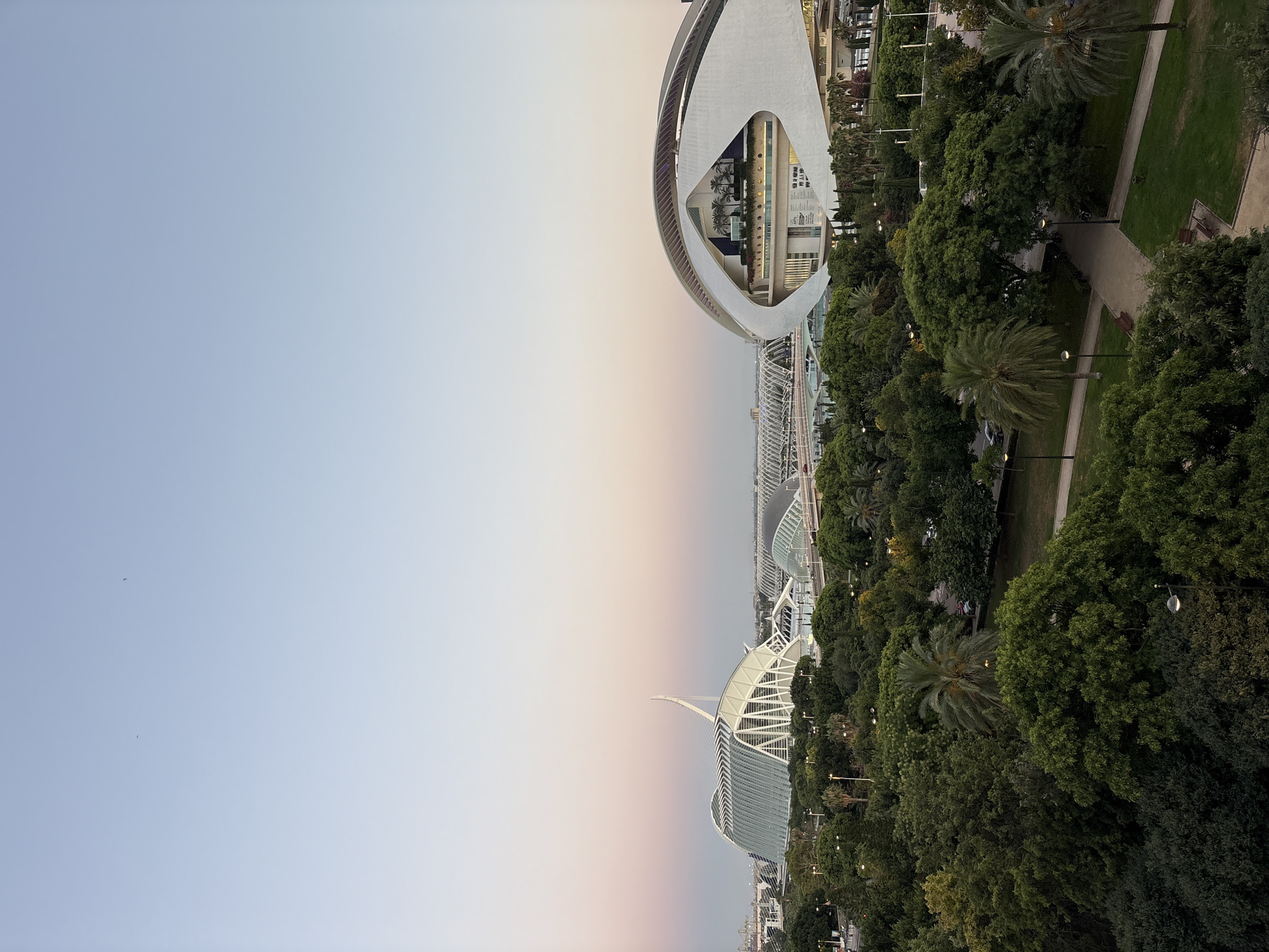 The image shows a panoramic view of the City of Arts and Sciences in València, Spain, at dusk. The sky is a gradient of pale blue and pink, indicating the setting sun. In the foreground, lush green trees and palm trees form a dense canopy, with pathways and benches visible in a park area. In the mid-ground, the iconic structures of the City of Arts and Sciences are prominent: on the left, L'Hemisfèric with its distinctive eyelid-like shape, and on the right, the Palau de les Arts Reina Sofía with its dramatic, curved roof. Between them, the Agora and the bridges of the complex are visible. In the background, distant buildings and port cranes can be seen. The overall scene is tranquil and architectural, highlighting the modern design of the city. No people are clearly visible in the image.