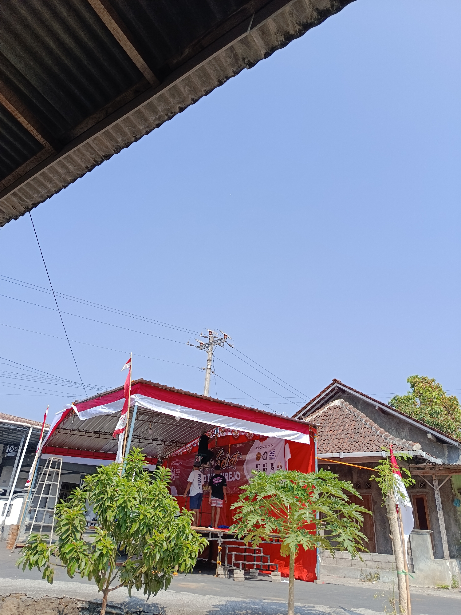 A low-angle outdoor medium shot captures a street scene in Jurug, Indonesia. In the foreground, two young trees, one leafy and broad, the other slender with minimal leaves, stand on a paved surface. Behind them, a temporary stage is set up, draped in red and white fabric, reminiscent of Indonesian national colors. Several people are visible on and around the stage, with one person seemingly adjusting a banner on the back. A ladder leans against the stage, suggesting ongoing preparations or disassembly. Indonesian flags are prominently displayed, adding to the festive atmosphere. In the background, a traditional Indonesian house with a tiled roof is visible, along with utility poles and overhead wires. The sky is a clear, bright blue, indicating fair weather.