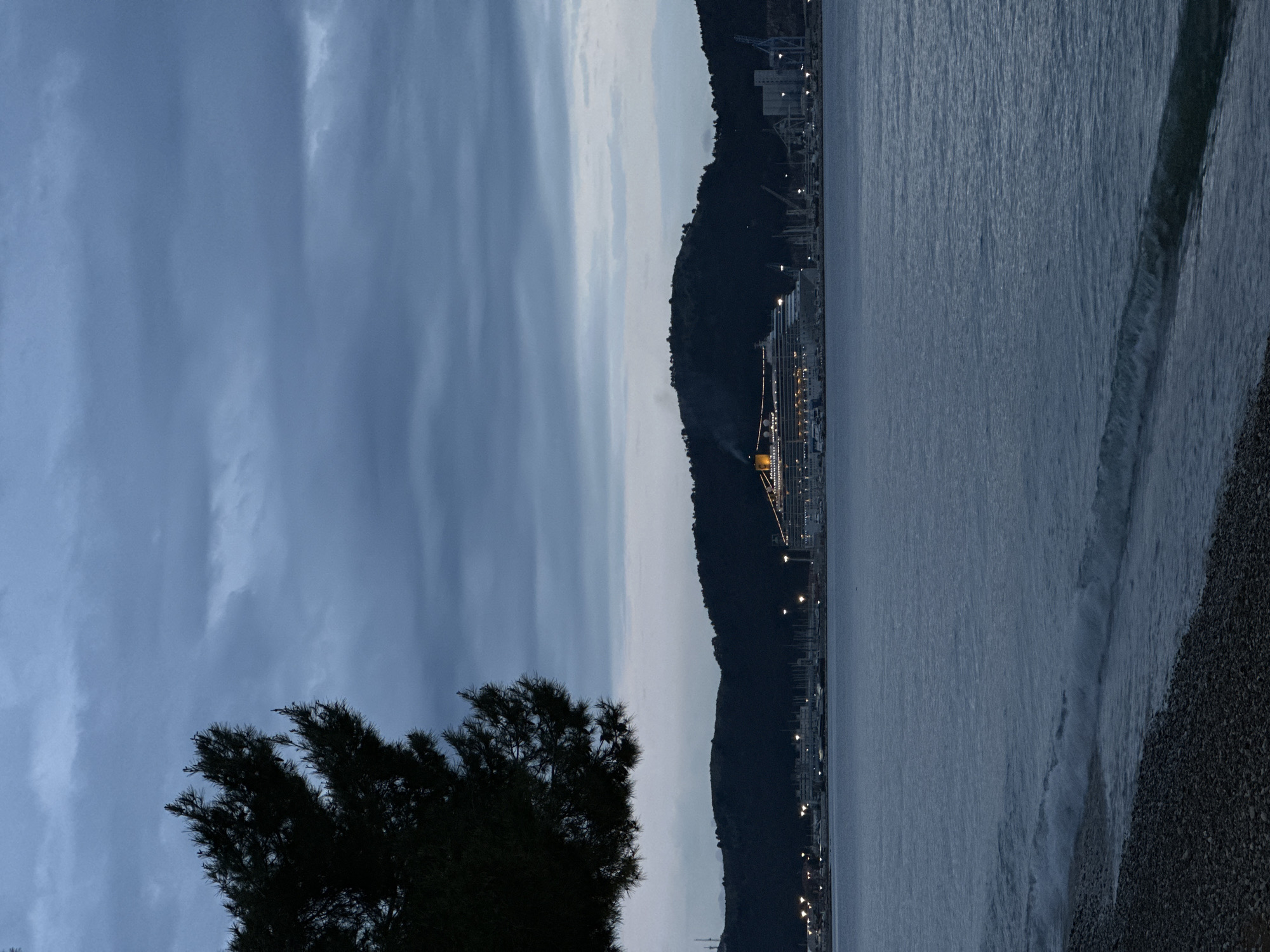 The media file displays a coastal scene captured at dusk or night, oriented vertically due to a 90-degree clockwise rotation.
On the left side of the image, a large expanse of overcast sky dominates, characterized by dark blue and gray clouds with subtle variations in texture and luminosity. A prominent dark, forested mountain range or hillside stretches horizontally across the middle of the frame, delineating the horizon.
Along the right side, a vast body of dark water, likely the sea, extends towards the viewer. Gentle waves are visible breaking onto a pebbly or rocky shore that runs vertically along the extreme right edge of the image.
The base of the mountain range, along the coastline, reveals a busy port or town. A large cruise ship or ferry, brightly illuminated with lights from its decks and cabins, is prominently visible, likely docked or anchored. Further along the coast, numerous artificial lights highlight various port structures, including cranes and buildings, indicating industrial and urban activity. Smaller lights dot the distant coastline, suggesting a wider settlement.
In the bottom-left corner, the dark silhouette of a tree, possibly a conifer or cypress, is visible against the dim sky, its branches extending upwards.
The scene conveys a tranquil yet active atmosphere of a coastal port at night. The time of day is clearly dusk or night due to the low natural light and the prominence of artificial illumination. The sky is overcast, suggesting cloudy weather. No visible text is discernible. This scene captures an evening view of the coast of Bar, Montenegro.