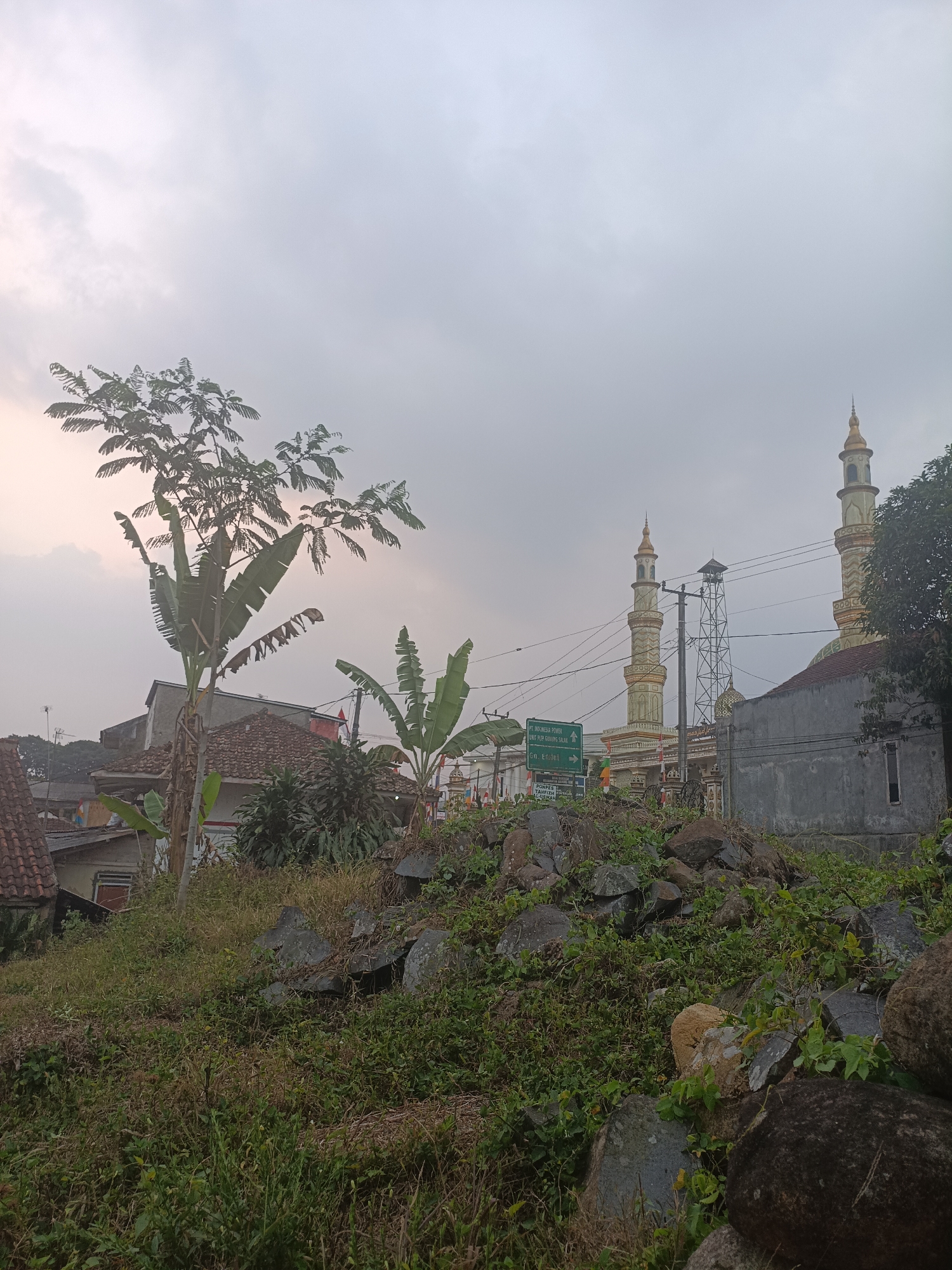 The image depicts a view of the city of Kadununggal, Indonesia, on a cloudy day. In the mid-ground, a mosque with two tall, slender minarets, adorned with gold-colored spires and intricate yellow and white patterns, dominates the scene. The main dome of the mosque appears to be partially visible behind a concrete building. A tall utility pole with electrical wires is situated in front of the mosque, between it and the foreground. To the left of the mosque, a cluster of traditional Indonesian houses with red tiled roofs is visible. In the foreground, a rocky and overgrown area with lush green vegetation and scattered large boulders covers the ground. A tall tree with distinctive feathery leaves stands prominently on the left side, along with banana trees. Several green road signs are visible to the left of the mosque. The sky is overcast with diffuse light.