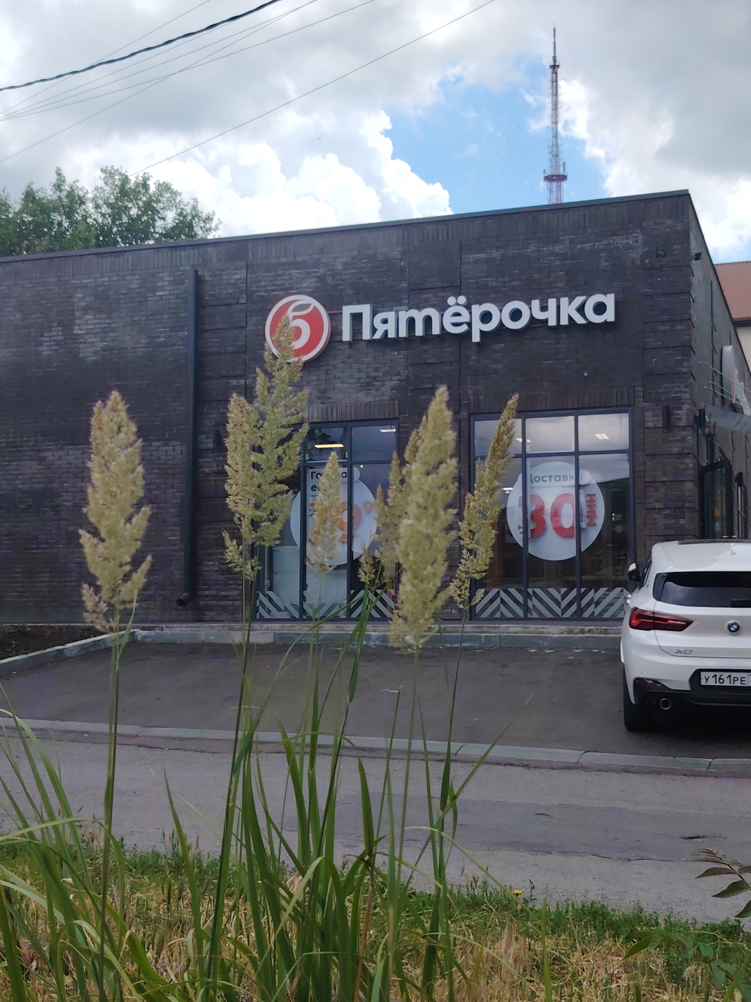 The image shows the storefront of a Pyaterochka supermarket in Rostov-on-Don, Russia. The building is constructed with dark brick and features large windows. A white BMW SUV is parked in front of the store. In the foreground, tall, feathery grass stalks are prominent. The sky above is cloudy, and a television tower is visible in the distance. The license plate on the BMW appears to be from the Rostov region, indicated by the "161" prefix.