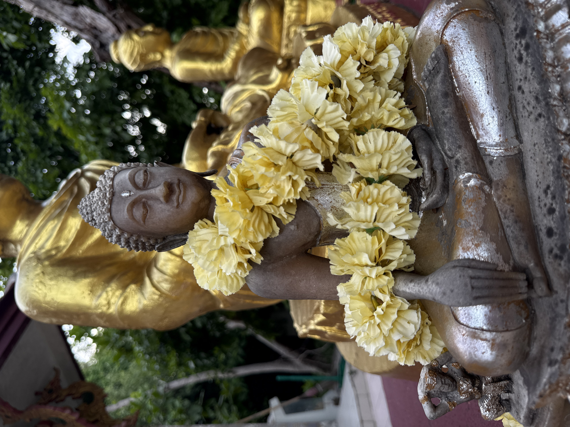 In the foreground of this image, a weathered, seated Buddha statue is adorned with a garland of artificial yellow flowers. The statue has a gray, metallic finish with some areas of wear and tear. To the left of the main statue, a smaller, similarly weathered figure is crouched. In the background, several larger, gleaming gold Buddha statues are visible, some out of focus. The setting appears to be an outdoor temple or sanctuary, with lush green trees and foliage creating a natural backdrop. Part of a building with a reddish-brown roof is visible on the upper left. This scene is located at Baan Plai Laem, a temple complex known for its numerous Buddha statues, situated on the island of Koh Samui, Thailand.
