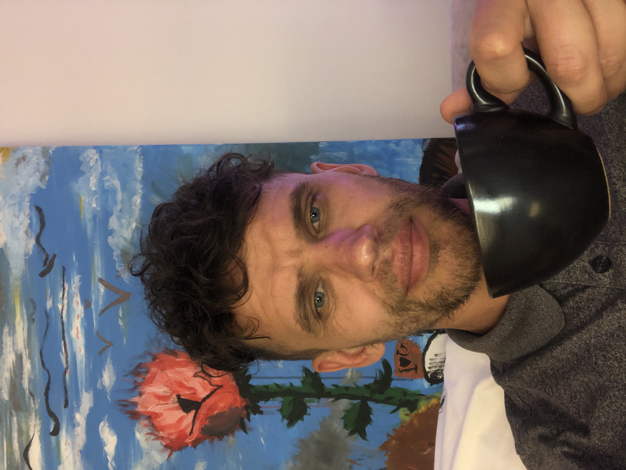 The image displays an adult male in a chest-up, close-up composition, looking directly at the viewer with a slight smirk. He has dark, curly hair, blue eyes, and light stubble on his face. He is wearing a grey, collared, short-sleeved shirt with buttons. His right hand holds a matte black ceramic mug by its handle, positioned in the lower right portion of the frame.
The background is dominated by a vibrantly colored painting, likely acrylic or oil, which occupies the left and central areas. The painting depicts a bright blue sky filled with white and undulating dark cloud formations, along with several brown, stylized bird figures in flight. A prominent red flower, characterized by dark outlines and an appearance suggestive of flames or heat, is centered on a green stem with leaves in the lower-middle section of the artwork. Below the flower, abstract brown and green forms are visible. A small white speech bubble or outline containing symbols, which appear to include a heart shape, is present near the base of the flower's stem. To the right of the painting, a plain, light-colored wall, possibly off-white or light pink, is visible. A white pillow or piece of bedding is present in the lower-left corner, beneath the subject's chin. The lighting suggests an indoor environment.
There is no visual information present in the image, such as landmarks, street signs, unique architectural features, or any other identifying markers, that would allow for the ascertainment of its specific location within the city of Saint Petersburg, Russia, or any other geographical area.