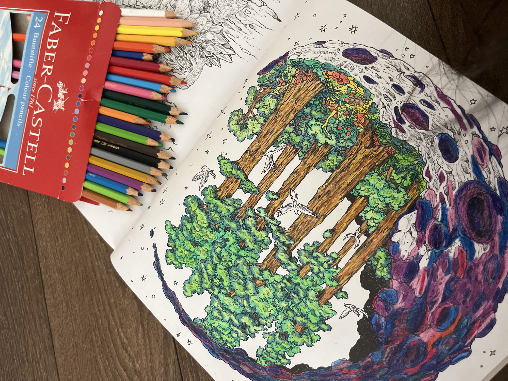 The image shows an open coloring book with a partially colored illustration of a fantastical planet with trees and birds. A box of Faber-Castell colored pencils is placed on top of the coloring book, with several pencils scattered around the page. The coloring book and pencils are on a wooden surface. There are no people or animals present in the image. The scene is indoors, with no specific city or country identifiable.