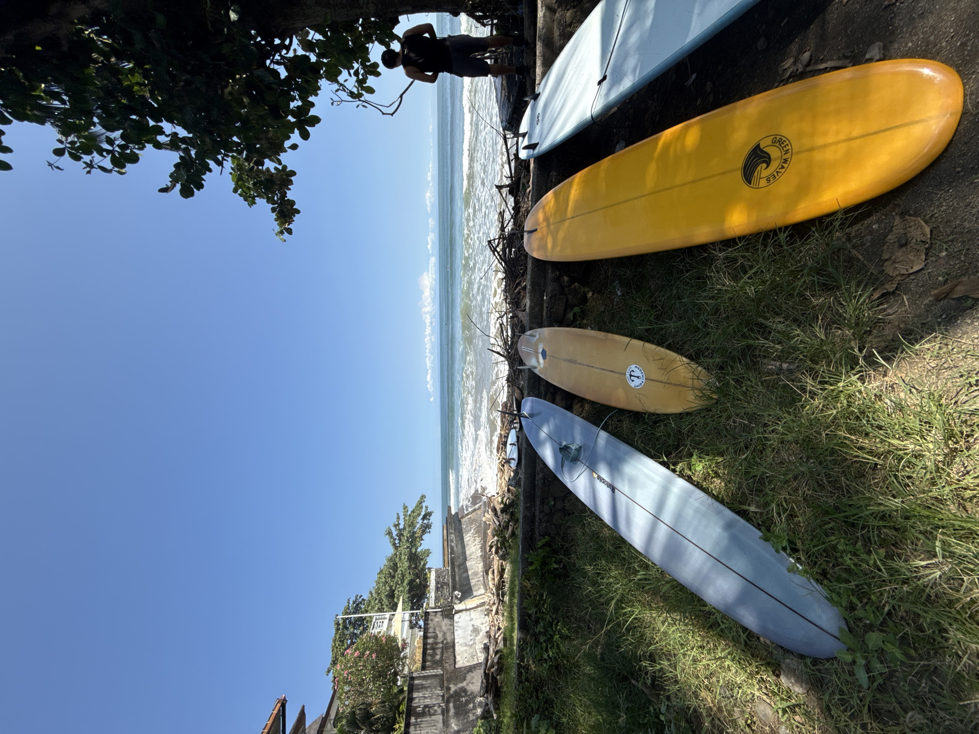 The image captures a view of a coastline, likely a beach, with several surfboards lined up on the grassy edge of the shore. In the background, the ocean meets a clear, blue sky. Near the top of the image, a person is standing on the edge, looking out at the sea. The surfboards are of different colors and sizes, with one being yellow and sporting a "Green Waves" logo. The location appears to be an unspecified coastal area, potentially used for surfing. A building is visible in the background.
