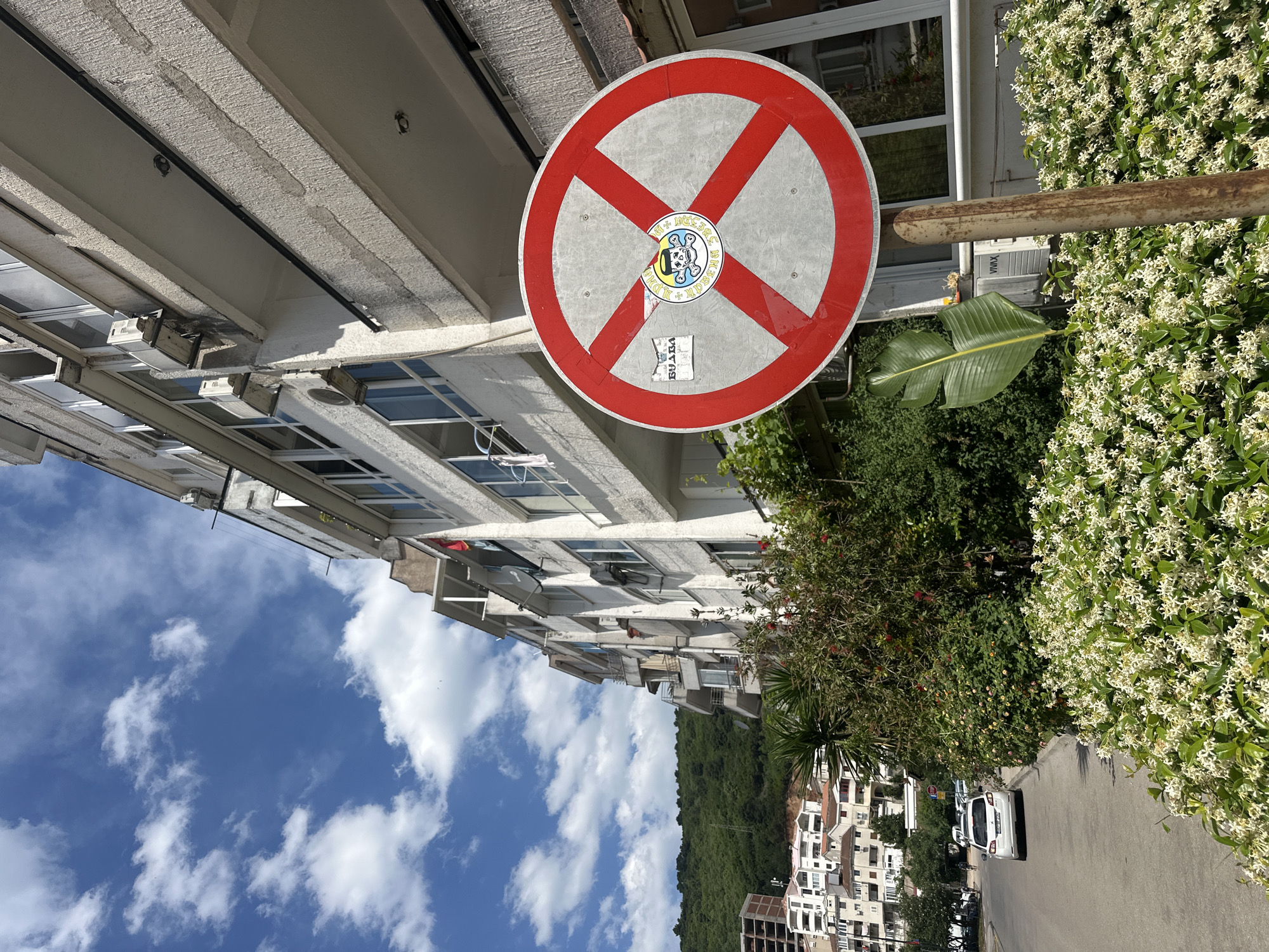 The image shows a "No Stopping" traffic sign in Budva, Montenegro. The sign has a circular shape with a red border and two red diagonal lines crossing each other. A sticker with an illustration of a bear is placed in the center of the sign. The sign is mounted on a metal pole, partially hidden by lush green foliage with small white flowers. Behind the sign and foliage, a multi-story residential building can be seen. The sky is blue with scattered white clouds. In the background, there is a view of densely built houses and a green hill. A street runs along the right side of the image, with a white car parked on it. The image is rotated counter-clockwise.