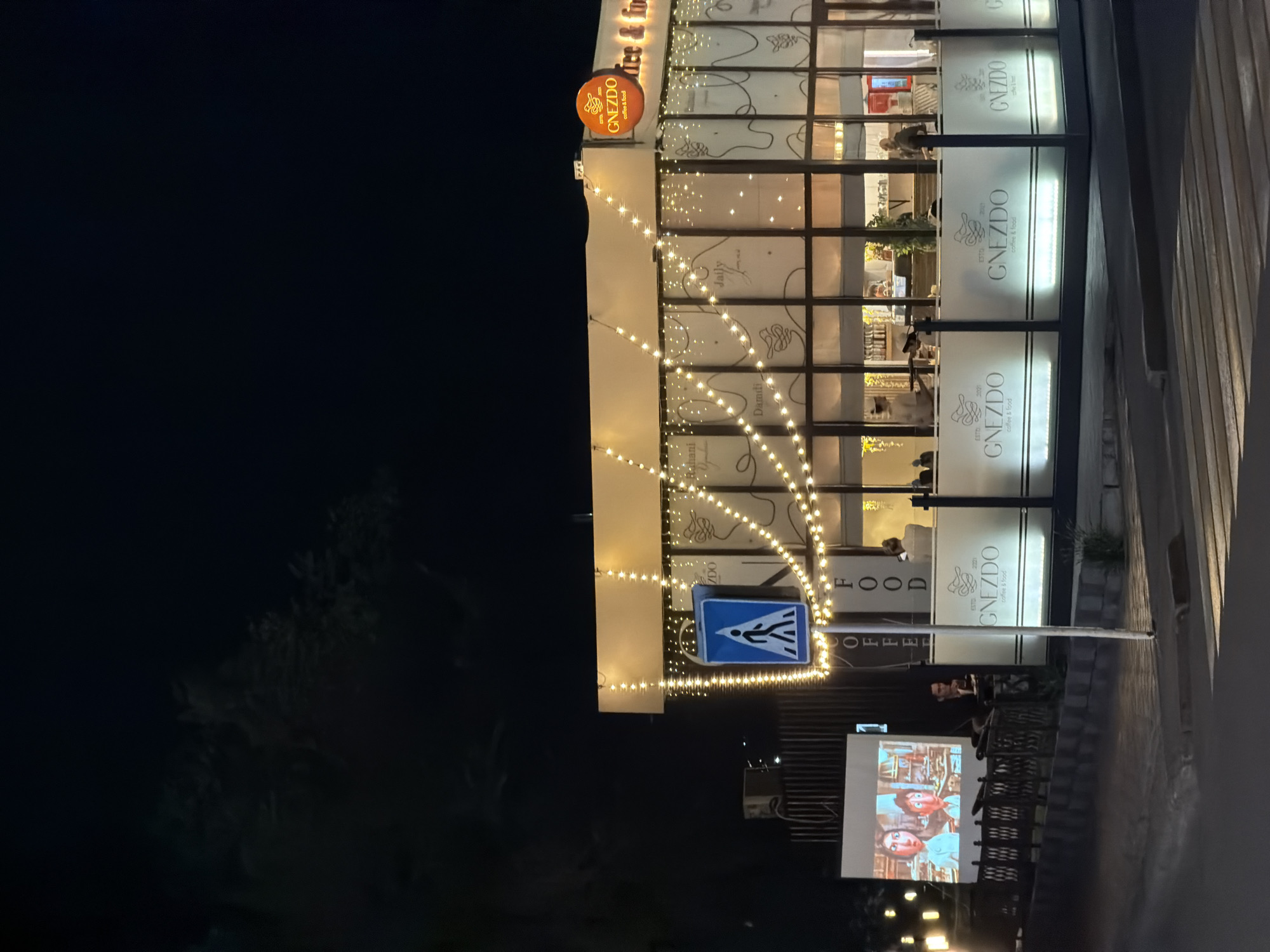 This is a medium-distance, eye-level, outdoor shot taken at night, depicting a modern cafe with large glass windows and outdoor seating. The cafe is illuminated by strings of fairy lights draped across its facade. The cafe's signage, in an orange circular emblem, reads "GNEZDO coffee & food". Inside, patrons are visible, some sitting at tables and others standing. To the left of the cafe, a large screen projects an animated movie, showing two characters. Several people are seated at tables in front of the screen. A pedestrian crossing sign, with a blue background and a white pedestrian symbol, is positioned to the left of the cafe entrance. The cafe is located on a street in Pavlodar, Kazakhstan. The overall environment is dark, with the cafe and the screen being the primary sources of light, creating a warm and inviting ambiance despite the nighttime setting.