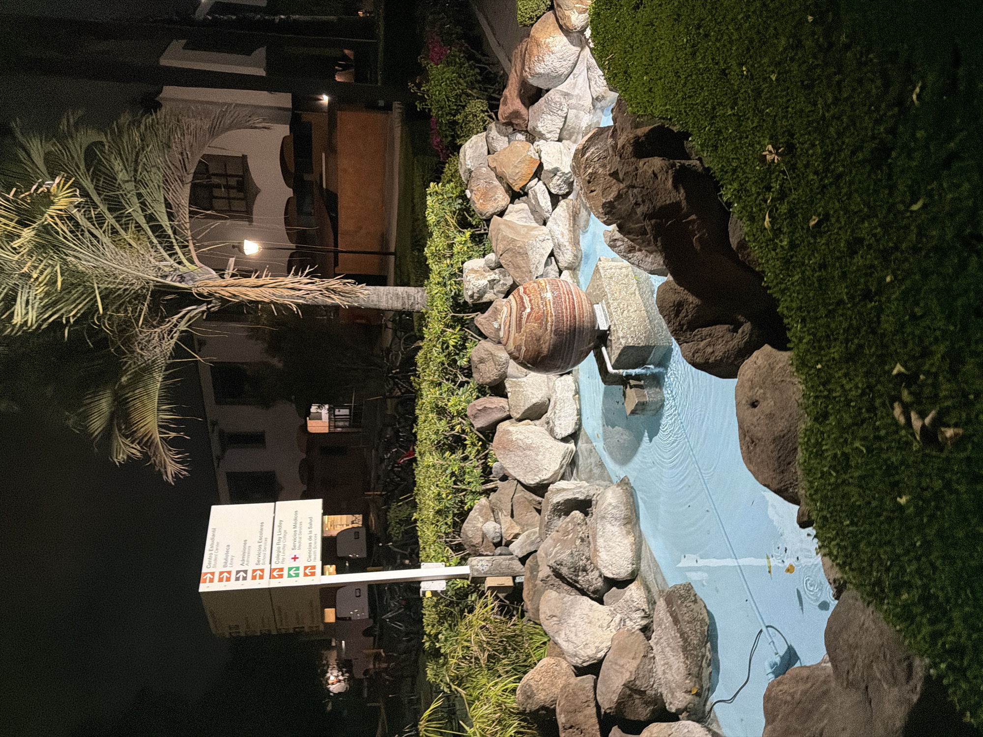The image depicts a nighttime scene in what appears to be a landscaped area. A sign is visible, providing directions to various facilities, including Centro Estudiantil, Biblioteca, Admisiones, Servicios Escolares, Colegio Ray Lindley, Servicios Medicos, and Ciencias de la Salud. The sign's text is in Spanish. The image may be in San Andrés Cholula, Mexico, based on the sign's information.
A small fountain-like structure, constructed from rocks and vegetation, is visible in the foreground. It has a decorative urn or vase placed amongst the rocks. A body of water in the fountain is visible.
In the background, there are building structures, with illuminated windows. A palm tree is also visible. The scene is dimly lit, suggesting it is either late evening or night.