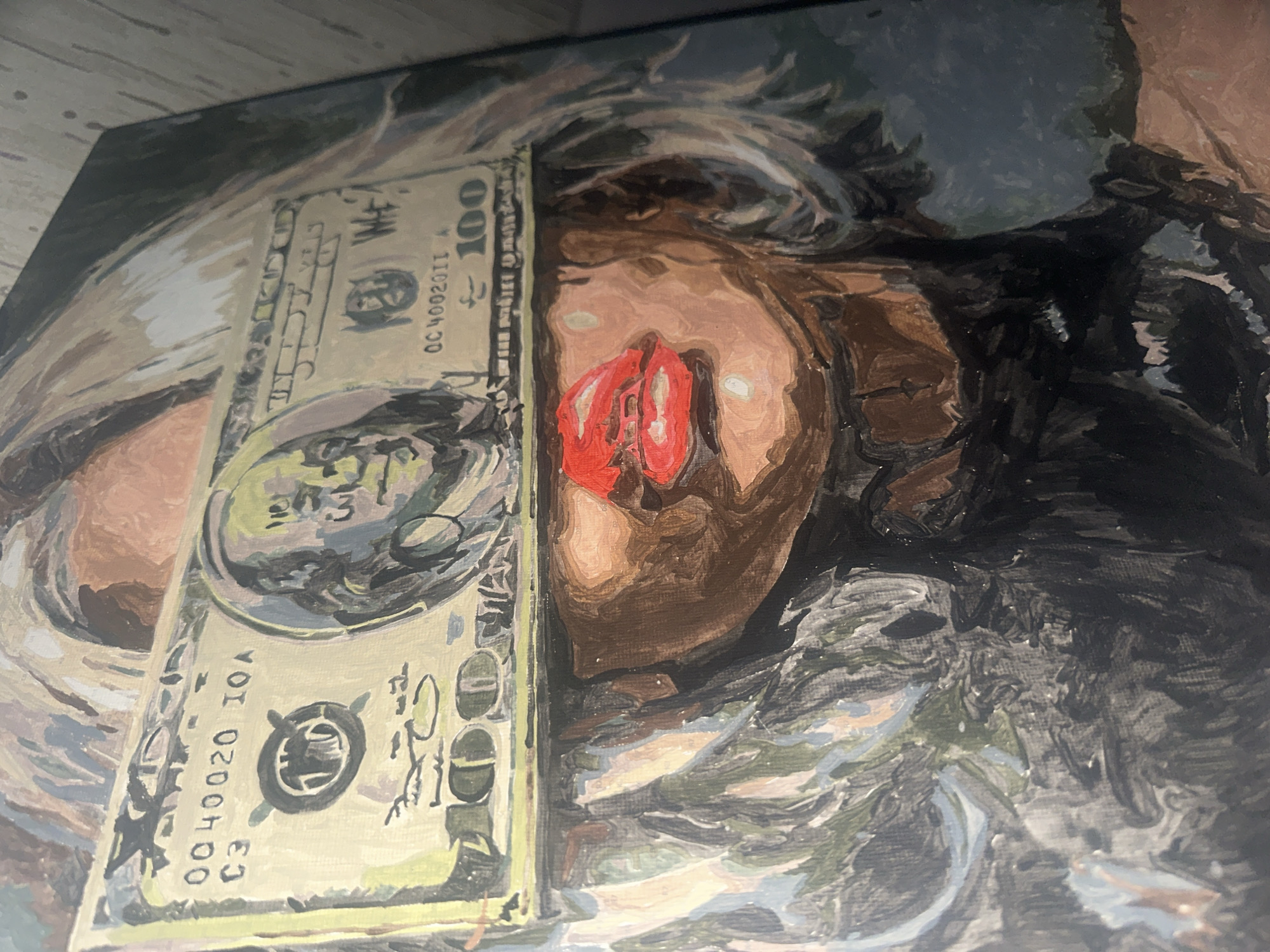 The image shows a painting, likely an oil painting, of a woman's face with a hundred-dollar bill obscuring the left side of her face. Her lips are painted bright red. The painting utilizes a somewhat muted color palette. The background is a swirl of black, white, and grey paint strokes. The serial number on the bill reads "004002010A", and it also displays the number "100". There's no indication or element within the image to connect this scene to the city of Vysokiy, Russia.
