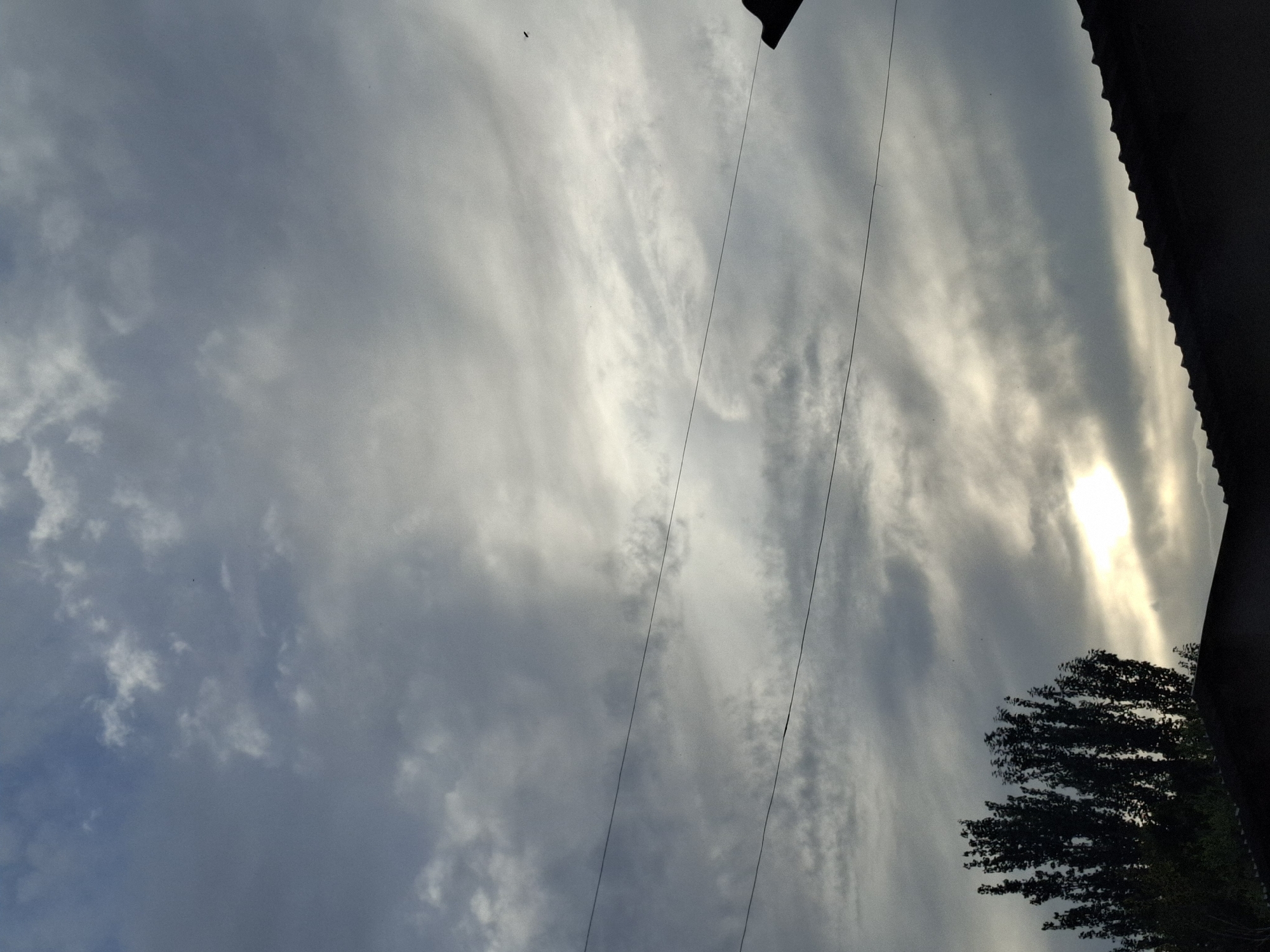 The image depicts a cloudy sky above the city of Jeti-Ögüz, Kyrgyzstan. Two thin, dark wires stretch horizontally across the frame, one near the top and another lower down. In the lower left portion of the image, the dark silhouettes of trees with dense foliage are visible against a bright, hazy section of the sky where the sun is partially obscured by clouds. The top edge of a dark-colored roofline runs along the bottom of the image, with a small, dark triangular shape extending upwards from the right side of the roofline into the sky. The overall atmosphere is overcast, with varying shades of gray and white in the clouds, and a diffused light source suggesting either sunrise or sunset. There are no people or animals visible in the image.