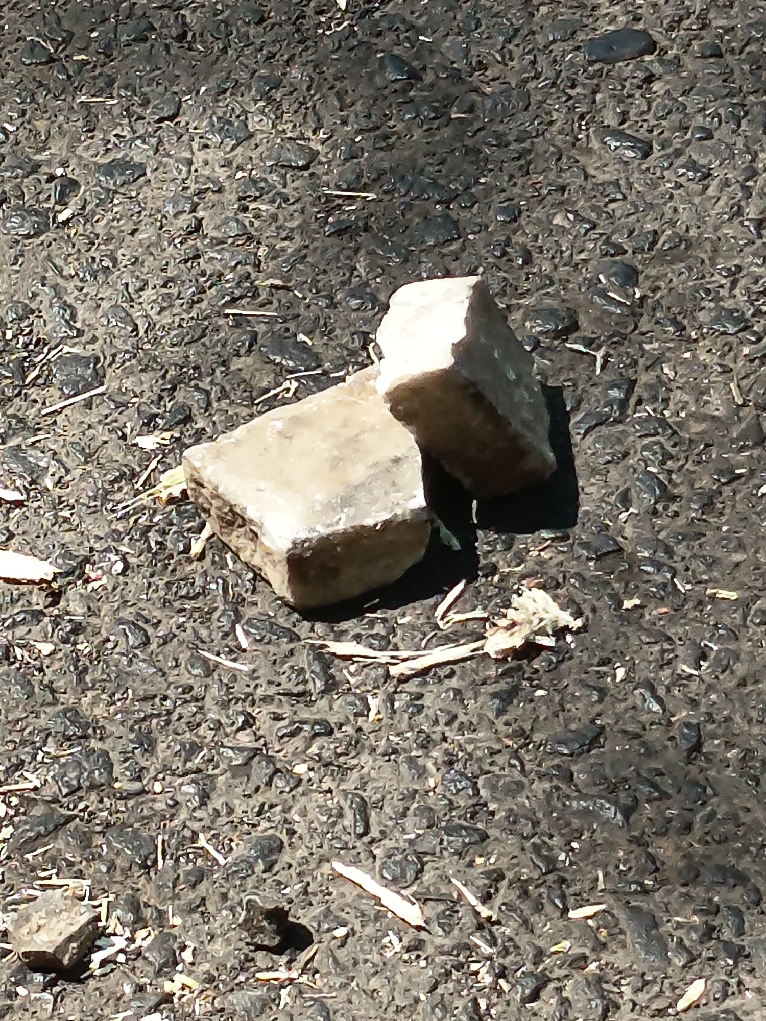 The image shows two light-colored rectangular objects, possibly bricks or stones, resting on a dark, coarse-textured surface that appears to be asphalt. Small pieces of debris, resembling dried grass or twigs, are scattered around the objects. The lighting suggests it is daytime, with shadows cast by the objects. The overall scene depicts a small, ordinary outdoor area with simple, inanimate subjects. The provided context of Kandangjati Kulon, Indonesia, indicates a specific geographical location for this scene.