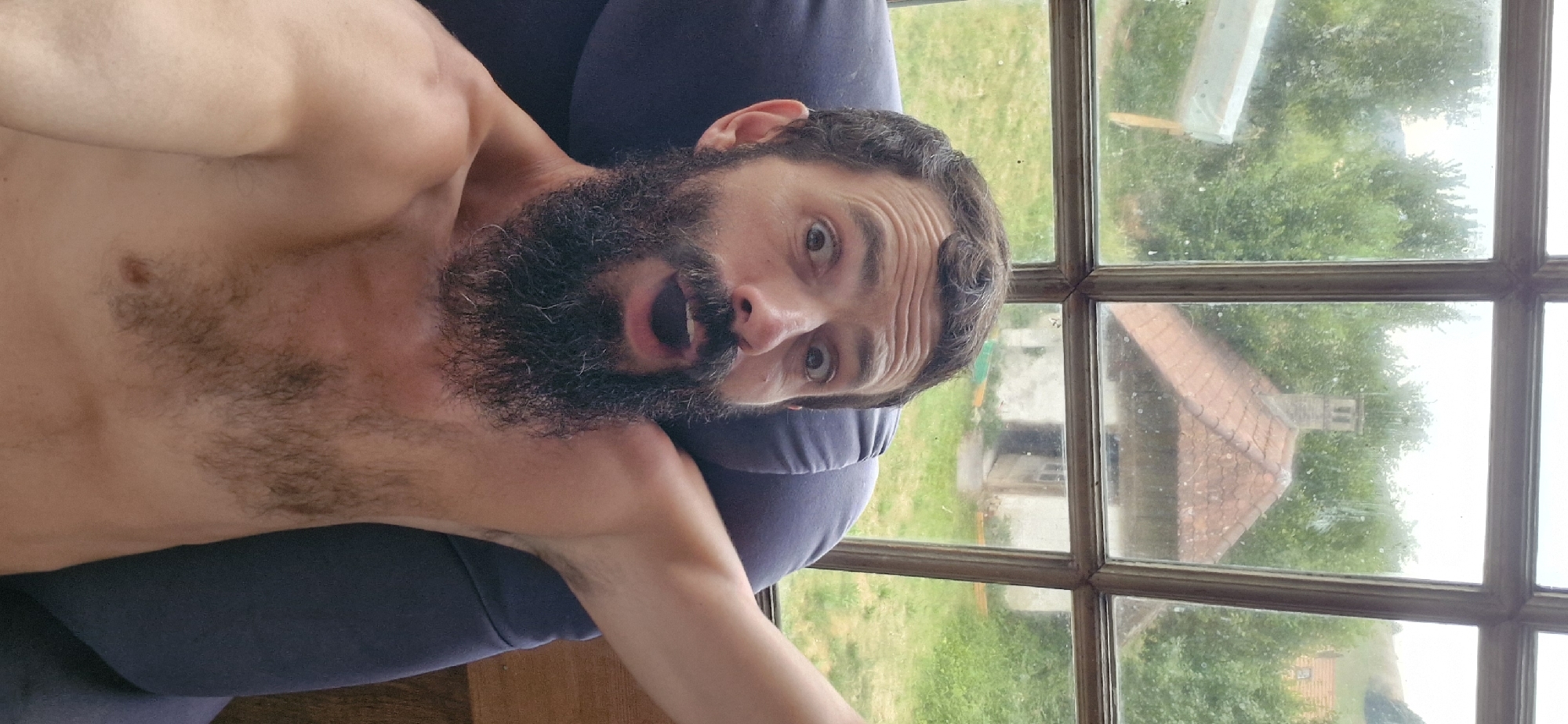 A man with a full beard and wide eyes is shown from the chest up, looking at the camera. He is sitting in a dark blue chair and is shirtless. Behind him, through a window with multiple panes, a rural landscape is visible. The landscape includes trees, a roof with a chimney, and a small building. The image appears to be taken indoors, looking out at a countryside setting in Wattenwil, Switzerland.