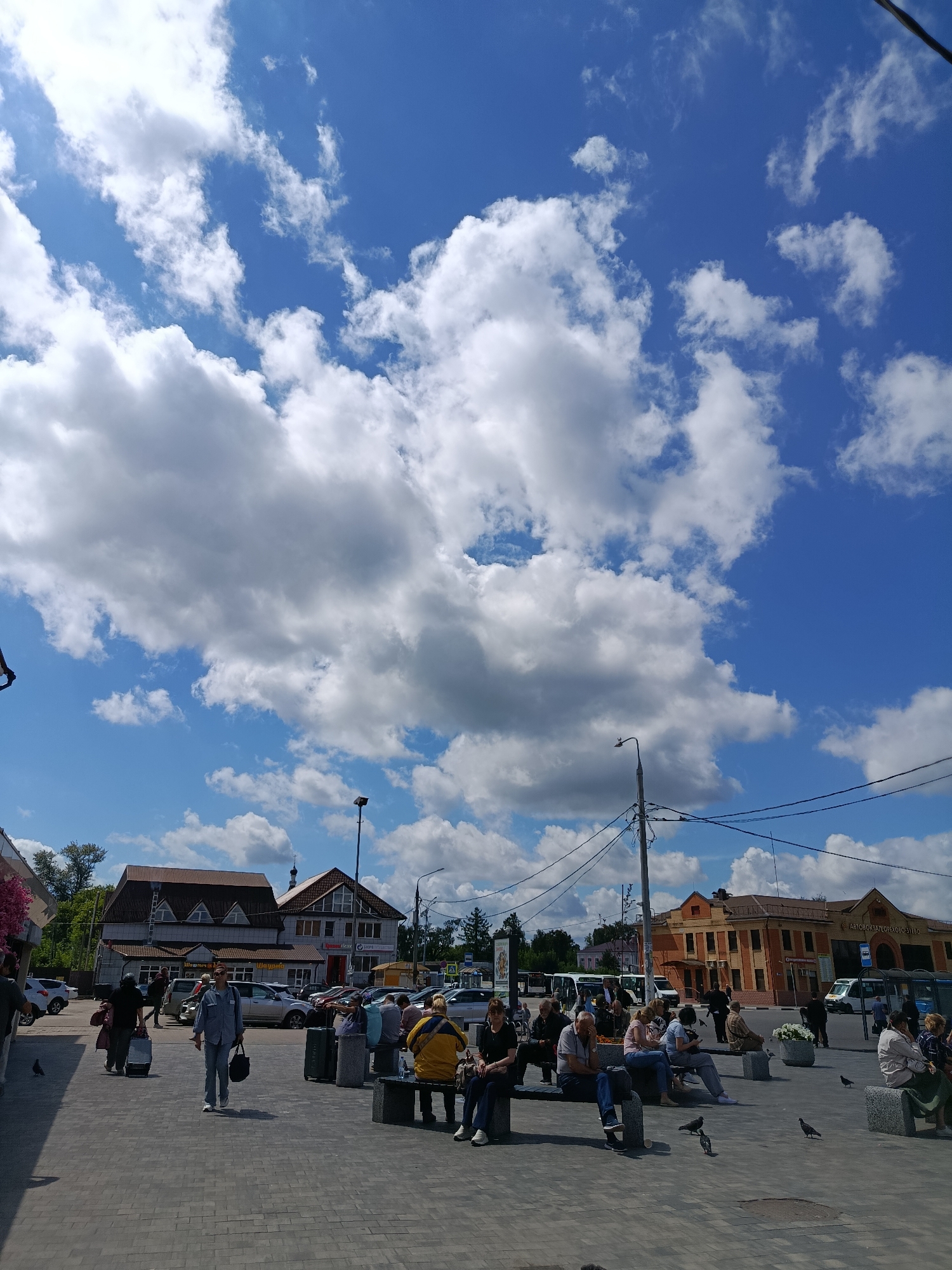 This is an outdoor, eye-level, full shot image taken in the city of Orekhovo-Zuyevo, Russia. The scene is a public space with several people visible, some sitting on benches and others walking. Buildings are present in the background, and there are cars and buses parked. The sky is blue with fluffy white clouds. The pavement is made of interlocking grey bricks. In the foreground, several pigeons are walking on the pavement. People are dressed in casual summer clothing.
Specifically, the image appears to be taken at the bus station in Orekhovo-Zuyevo. The buildings in the background are typical of a Russian bus station, with a main terminal building that has signage in Russian. One sign reads "АВТОВОКЗАЛ-ЭКСПРЕСС" which translates to "Bus Station-Express". Several people are waiting for buses or have just arrived, with luggage visible. A woman in a grey top and dark pants is walking towards the viewer with a dark bag in her hand and a trolley bag behind her. Another group of people are sitting on a long bench, facing away from the viewer, some with bags at their feet. The lighting suggests it is daytime, likely late morning or early afternoon, with bright sunlight casting shadows.