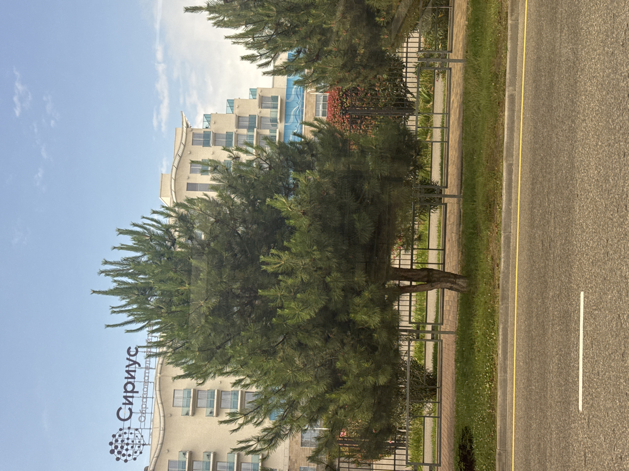 The image shows a modern building with the Cyrillic inscription "Сириус" and the words "Образовательный центр" (Educational Center) above the entrance. The building is light-colored with multiple floors and balconies. In the foreground, there are pine trees and a metal fence. The scene is set in a city environment, with a road visible in the lower part of the image. The sky is partly cloudy. The location is identified as Sirius, Russia, likely referencing the Sirius Federal Territory or the Sirius educational center located there.