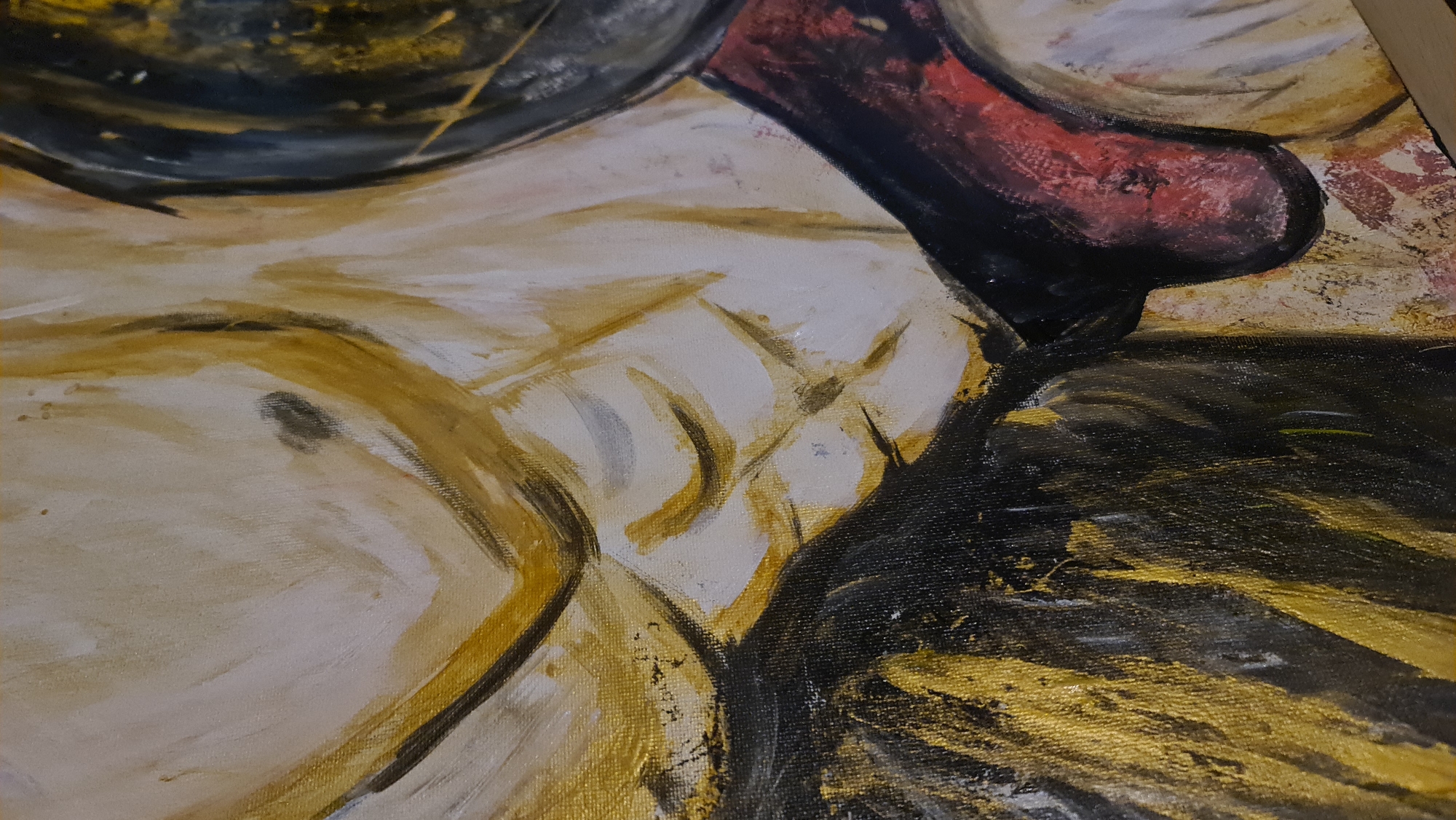 This is a close-up view of an oil painting on canvas. Predominantly white and tan tones create an area of skin. A dark red and black shape with texture is positioned on the top right. Black and gold paint strokes fill the right and bottom portions of the canvas. There is no indication of the city of Budva, Montenegro in the image.