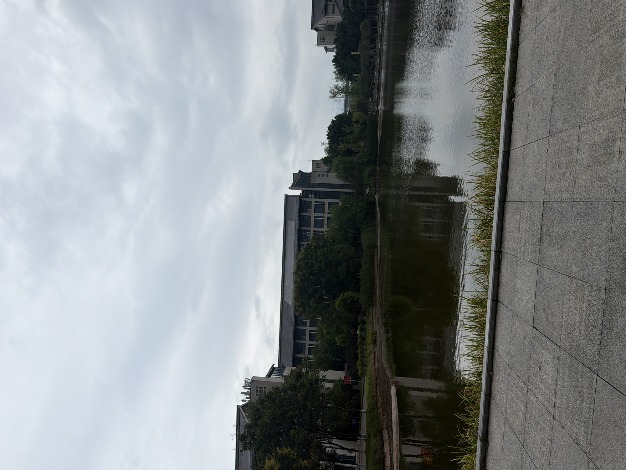 The image captures a body of water, likely a lake, in a city park or university campus setting. On the far side of the water, several multi-story buildings with dark roofs and light-colored facades are visible, interspersed with lush green trees. The architecture suggests a modern, institutional environment. The water reflects the overcast sky and the surrounding structures, creating a slightly subdued and tranquil atmosphere. In the foreground, a paved walkway made of large, grey square tiles runs along the edge of the water. A low border of green grass and reeds separates the paved area from the water's edge. The sky is heavily clouded, indicating an overcast day. The overall scene depicts a peaceful, urban landscape focused on natural elements and contemporary architecture. This scene is likely located in Jiangjin District, Chongqing, China, as it resembles the common aesthetic of educational institutions and public spaces in that region.