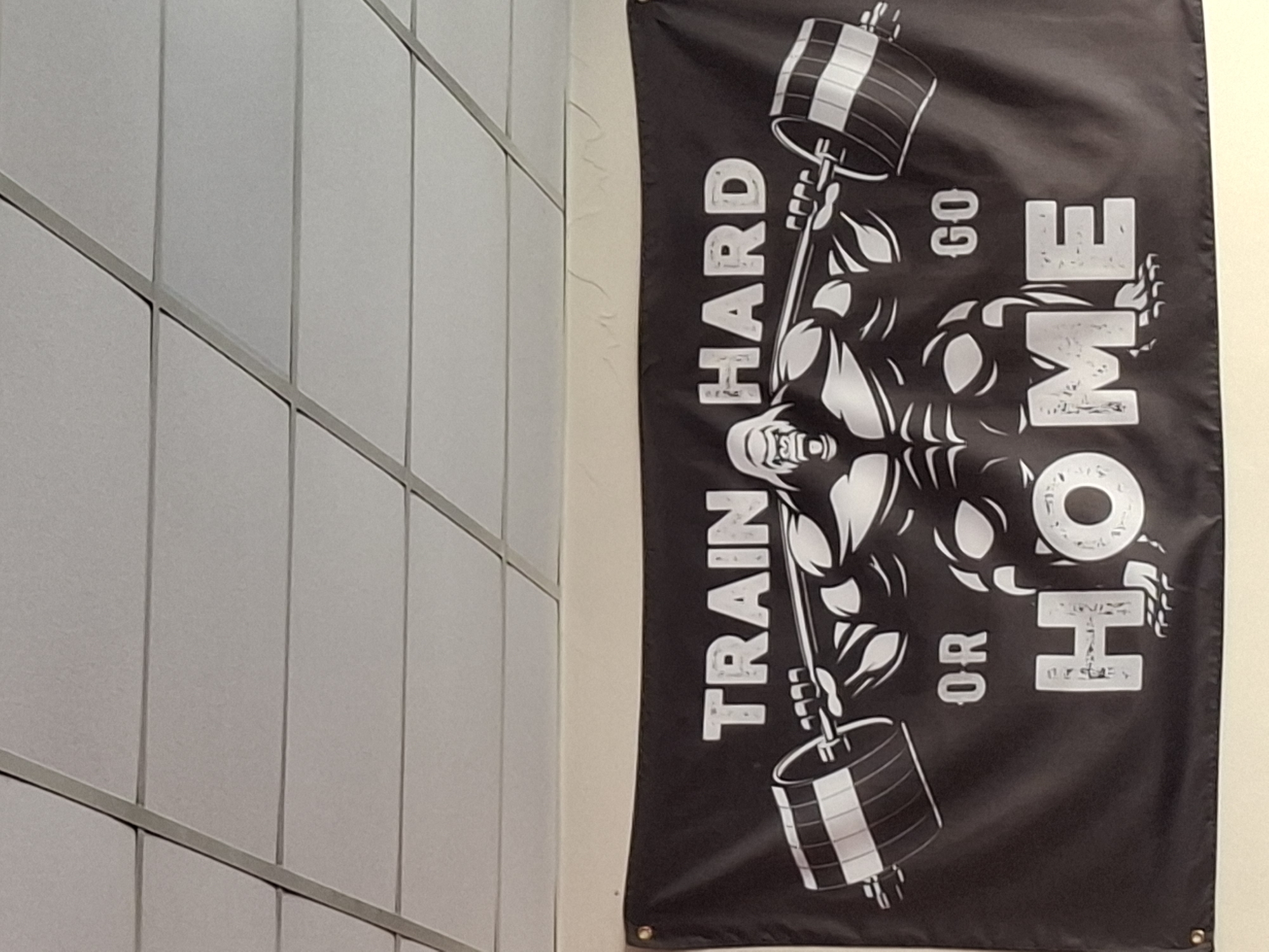 The image shows a banner hanging on a wall. The banner is black with white lettering and a white graphic. The graphic features a muscular figure lifting a barbell. The text reads "TRAIN HARD" vertically on the left and "GO HOME" vertically on the right, with "OR" in between the two vertical phrases. The banner is attached to a light-colored wall. To the left of the wall is a gray paneled wall. There are no people visible. There is no indication of the location in Gabrovo, Bulgaria.