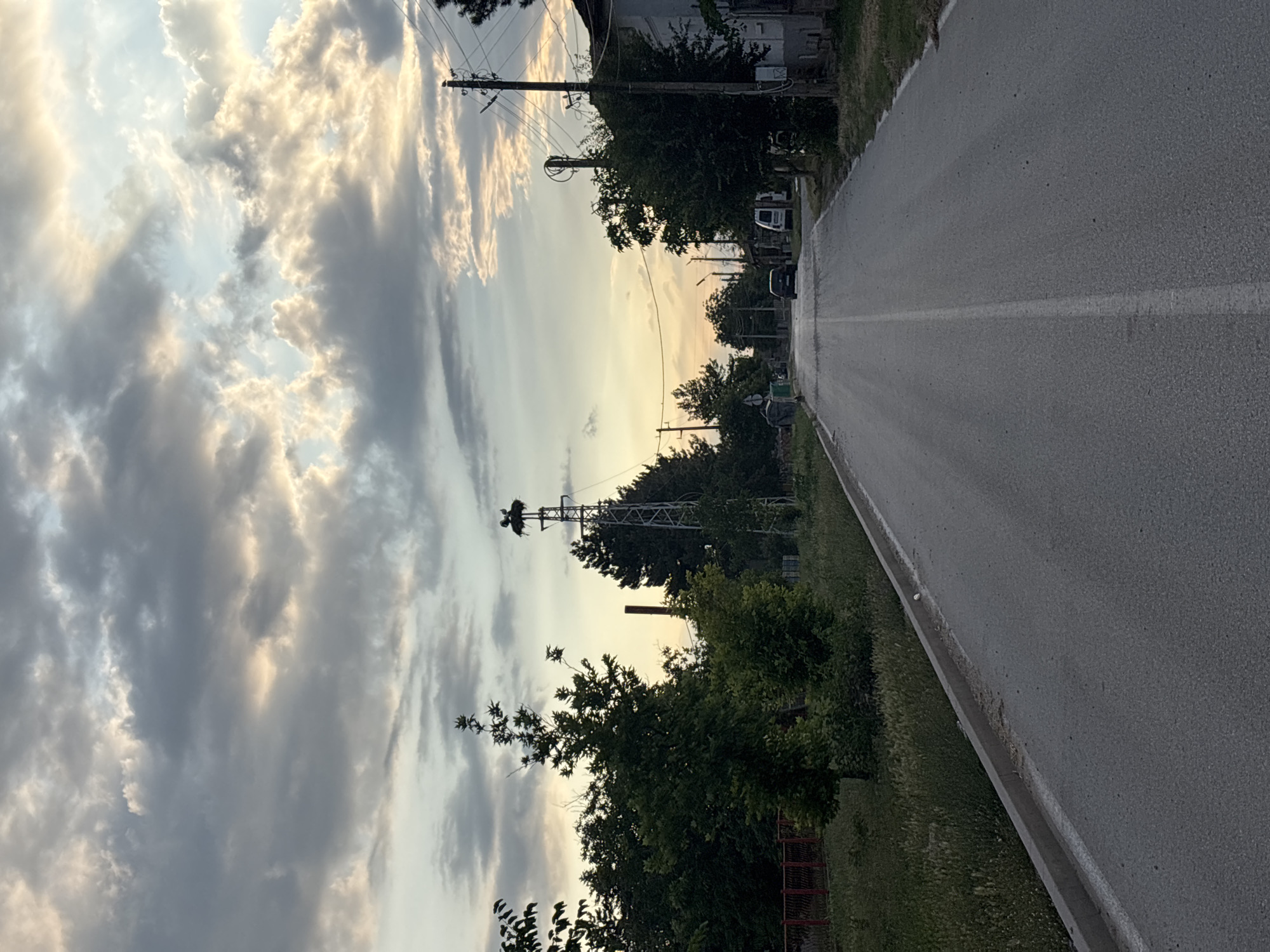 The image depicts a view down a paved road in the village of Brenitsa, Bulgaria. The road is lined with grass and trees on both sides, and there are houses and utility poles visible. In the distance, there is a metal tower with a large nest at the top, which appears to be a stork's nest. Two storks are visible in the nest. The sky is cloudy, with some sunlight breaking through, indicating either sunrise or sunset. There are two vehicles on the road, a dark car and a white van. The overall scene is peaceful and rural.