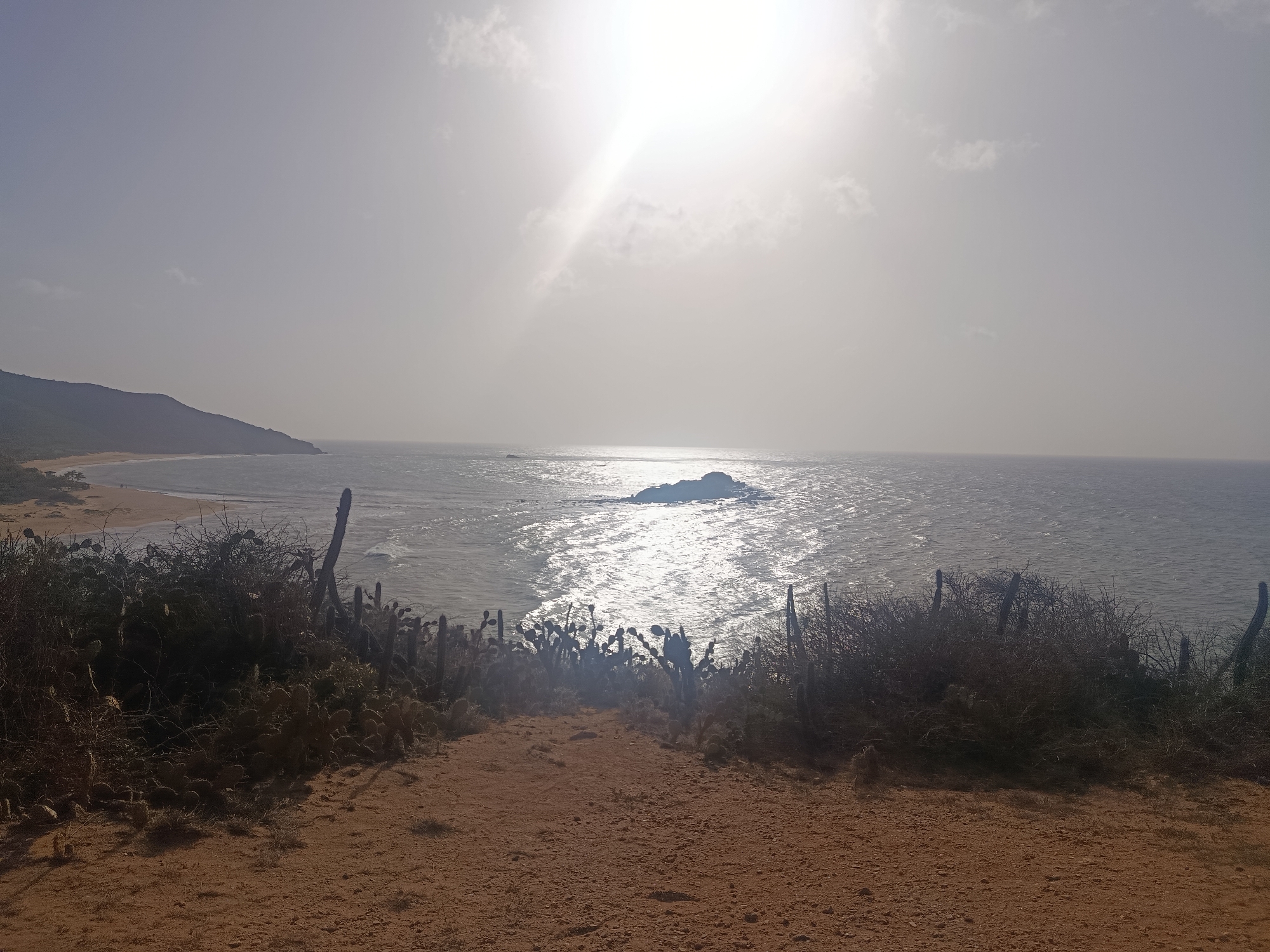 The scene depicts a coastal landscape, possibly in Altagracia, Venezuela. In the foreground, there is a sandy terrain with scattered cacti and dry vegetation. Beyond this, the view opens up to the ocean, which is brightly lit by the sun. A rocky outcrop is visible in the middle distance, with the sun reflecting intensely off the water around it. In the background, there is a stretch of coastline with a beach. The sky is overcast with some cloud cover, contributing to the overall bright, but somewhat hazy, atmosphere. There are no people visible in the scene.