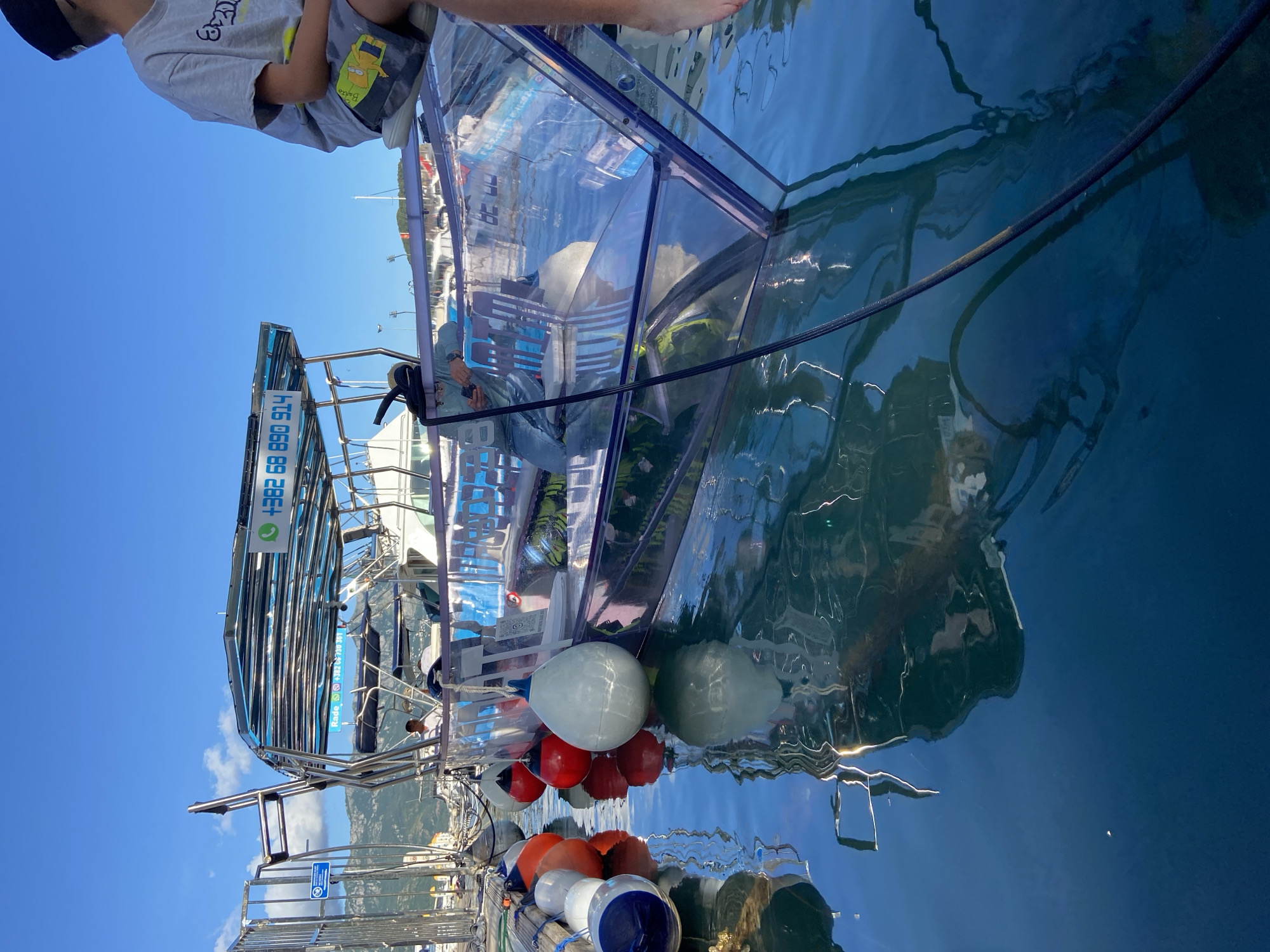 This image, rotated 90 degrees clockwise, captures a bright, sunny day at a marina in Budva, Montenegro, centered around a glass-bottom boat. In the upper left, a child or young person wearing a grey t-shirt and shorts with "Barto" and a Bart Simpson character is seated on the edge of the boat, their bare feet visible.
The main subject is a transparent-bottom boat, designed for underwater viewing. A person wearing a hat and light attire is seen inside the clear viewing section of the boat, possibly observing the marine life or using a mobile phone. The boat has a metal frame superstructure with a canopy, and several buoys in white, red, orange, and blue are attached to its side, floating in the water. A thick black rope is also visible in the water, extending across the frame.
The water is remarkably clear and calm, reflecting the bright blue sky and distant land formations. The transparency of the boat's bottom allows for an unobstructed view into the serene blue-green depths. The background features a clear blue sky with a few wispy white clouds, and hints of distant land or mountains. The scene conveys a sense of calm and leisure, typical of a marine tour or recreational activity.
Visible text includes a sign on the boat's upper structure displaying a phone icon and the number "+382 69 889 914". Below this, the name "Rade" appears, followed by the same phone number. The "Barto" text and Bart Simpson character are also legible on the child's shorts.