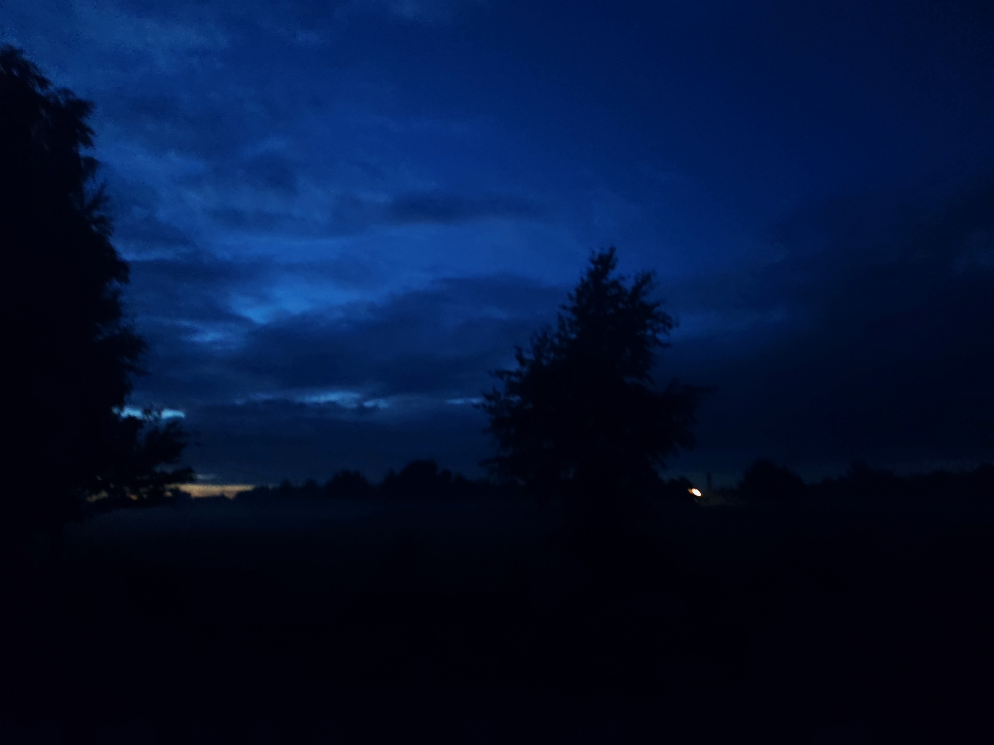 The image depicts a dark, twilight landscape with a deep blue sky. Silhouetted against the sky are several trees and the tops of what appear to be other trees or structures, forming a dark, indistinct horizon line. The sky itself has subtle cloud formations, with some areas appearing lighter and others darker, suggesting a transition from day to night. The overall impression is one of a rural or natural setting, possibly taken in the Яглевіцкі сельскі Савет, Belarus, during the early evening or late dusk. The lighting is very low, and the foreground is almost entirely black, obscuring any ground-level details. There are no visible people or animals.