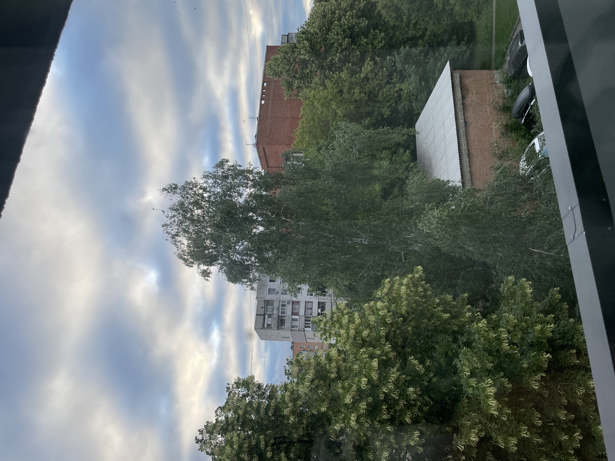 A view from an elevated position looks out over a residential area with buildings and trees. In the foreground, a dark railing or balcony edge is visible. Beyond this, lush green trees with light-colored blossoms dominate the left and center of the frame. Behind the trees, several buildings are visible, including a tall, multi-story residential building with a grey facade and visible windows, and a lower, red brick building with a corrugated metal roof. Several cars are parked in front of the red brick building, some with roof racks. The sky above is filled with dramatic, grey and white clouds, with patches of light breaking through. The scene depicts an urban environment on a cloudy day.