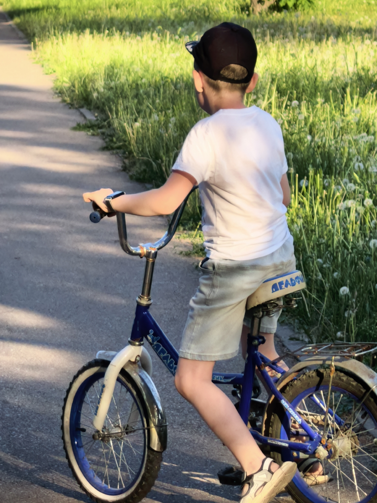 A young boy wearing a black baseball cap, a white t-shirt, and light-colored shorts is riding a blue bicycle on an asphalt path. He is looking to his left. The bike has a white fender on the front wheel and a rusty luggage rack over the rear wheel. The background consists of tall green grass and dandelions. The image was possibly taken in Sterlitamak, Russia.