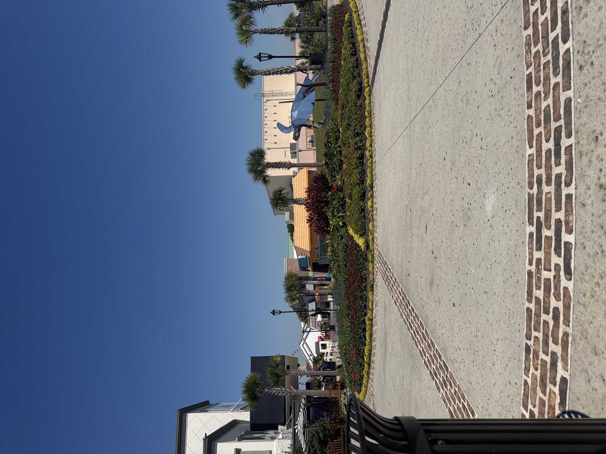 The image displays an outdoor commercial and entertainment complex identified as Broadway at the Beach in Myrtle Beach, South Carolina, United States of America. The scene is captured on a clear, bright day under a deep blue sky, with a faint contrail visible in the upper right quadrant.
In the foreground, a light-colored concrete pavement features embedded patterns of reddish-brown bricks forming linear pathways. A dark-colored, slatted metal trash receptacle is partially visible on the left side, casting a shadow on the pavement.
The midground is dominated by a large, circular landscaped island. This island is richly planted with various flora, including numerous red-flowering plants, green shrubs, some taller purple-flowering plants, and a border of yellow-green ground cover. Positioned on a slight grassy mound within this island is a prominent, abstract sculpture of a blue sea turtle, constructed from metal. Several mature palm trees with slender trunks are interspersed throughout the landscaped area and beyond. Two black, ornamental street lamps stand within the landscaping.
In the background, a collection of commercial buildings is visible. To the left, a modern, multi-story building with white textured siding and dark trim features an outdoor seating area shaded by a black and white striped umbrella. Centrally located in the background is a smaller, white building with a dark roof displaying a sign that reads "JOE'S." Further to the right and behind the blue sculpture, a light-colored, single-story building with a flat roof and visible exterior lighting appears to be another commercial or entertainment venue. A large amusement park ride structure is partially visible beyond the buildings in the center-right.
There are no people visible in the image. The environment appears clean, well-maintained, and designed for pedestrian traffic and commercial activity.