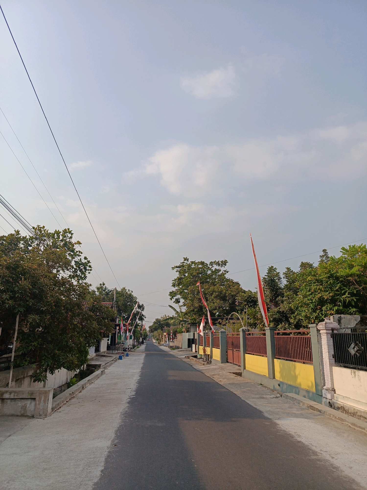 The image depicts a street scene in the city of Pandeyan, Indonesia, under a bright, partly cloudy sky. A paved road runs through the center of the frame, flanked by a concrete sidewalk on the left and a colorful fence on the right. Trees line both sides of the street, with lush green foliage. Several Indonesian flags, red and white, are prominently displayed along the fence and on poles, suggesting a national celebration or commemoration. The architecture visible includes residential buildings with simple designs. The overall atmosphere is serene and suggests a quiet, residential area.