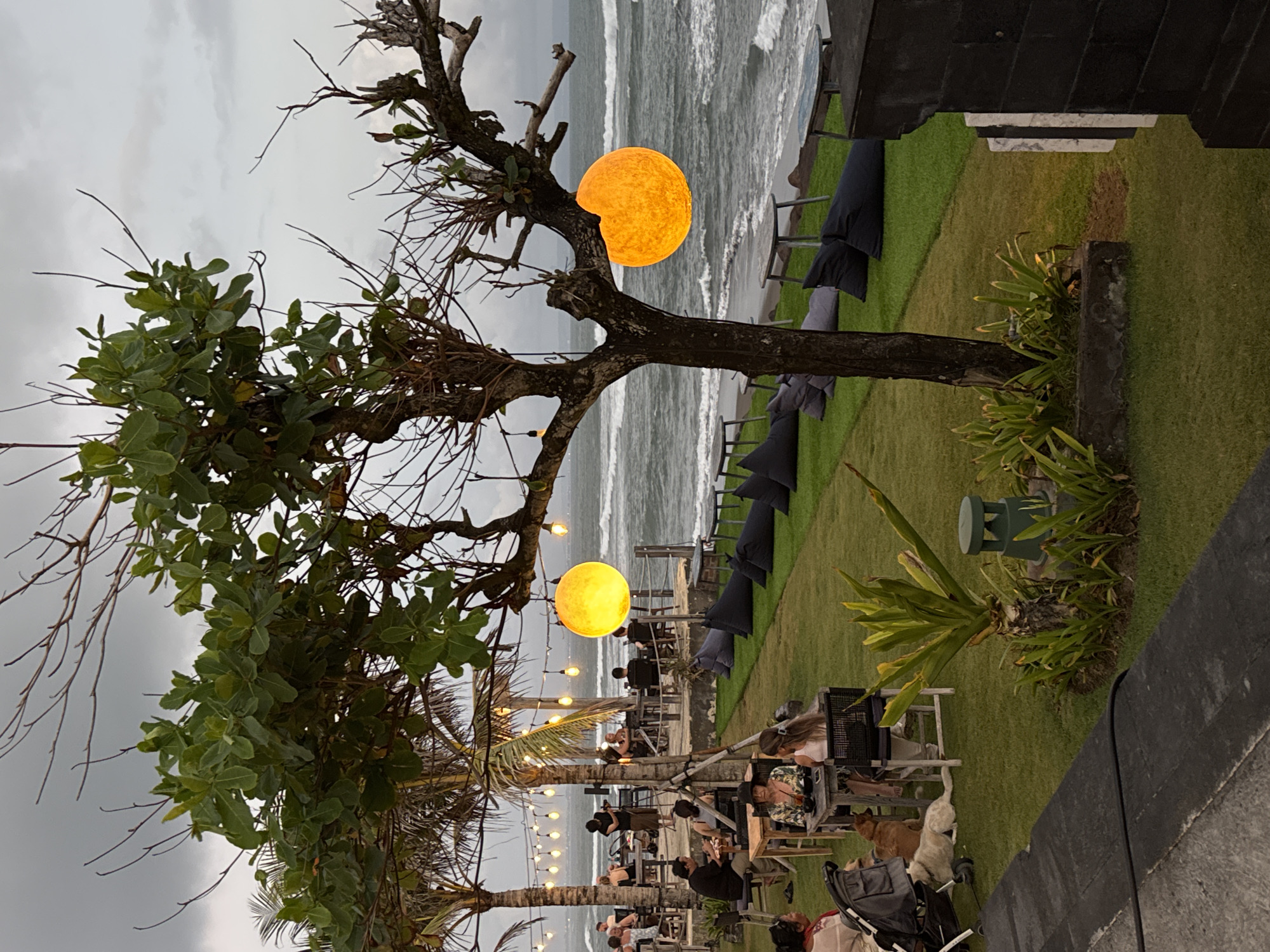 An outdoor beachfront cafe or restaurant in Mengwi, Indonesia, is captured at dusk or early evening under a cloudy, overcast sky. The scene is dominated by two large, glowing orange spherical lights, resembling moons or lanterns, which hang from the branches of a prominent tree with sparse leaves and some green foliage in the foreground. Another palm tree, also adorned with string lights, adds to the warm ambiance.
Numerous patrons are seated at various tables and chairs set on a manicured grassy lawn, engaged in dining and socializing. The area closest to the ocean features what appear to be beanbag chairs or low seating. The ocean itself is visible on the right, with noticeable waves breaking on the shore. A dark, low-lying structure, possibly a wall or part of the building, borders the lawn, with steps leading up to it visible in the middle ground.
Other details include a baby stroller and a light-colored dog resting on the grass near the tables. Green garden plants and other foliage are scattered throughout the setting. The artificial lights create a cozy and inviting atmosphere against the darkening sky and the dynamic ocean backdrop. No discernible text is visible within the image.