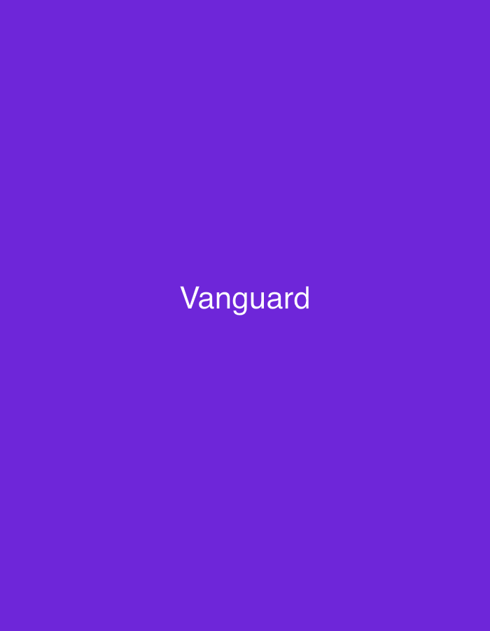 A full-frame, wide shot shows the word "Vanguard" in white, serif font centered on a solid, deep purple background. The image is flat and has no discernible depth. The location in Kaolinovo, Bulgaria, is not visually represented in the image.