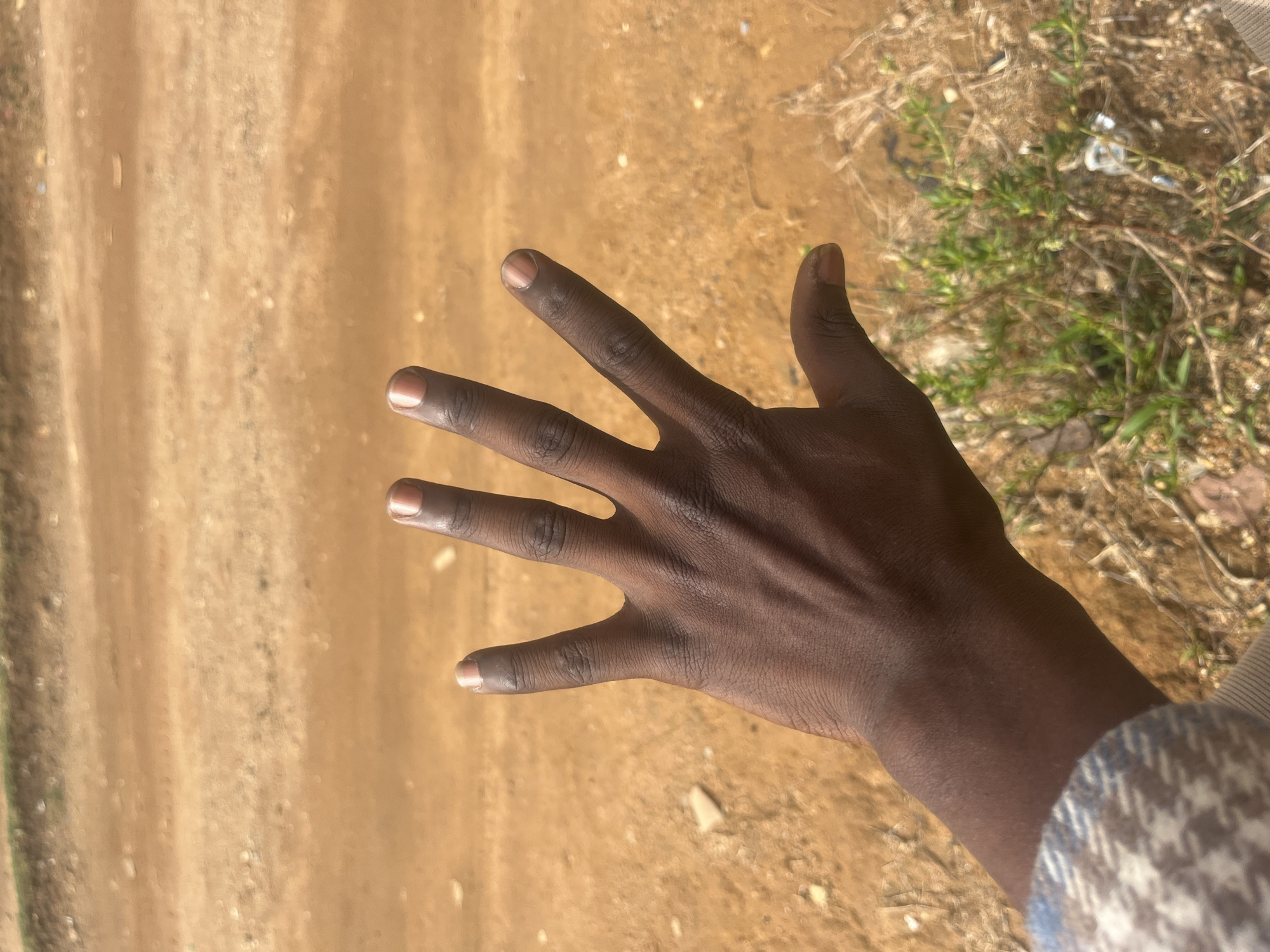 An open dark-skinned human hand is held in front of a dusty brown surface with some green vegetation on the right-hand side. The hand has five fingers, each with short fingernails. The background appears to be dry dirt. The setting looks to be a part of the city of Jos, Nigeria, based on the dirt and vegetation.