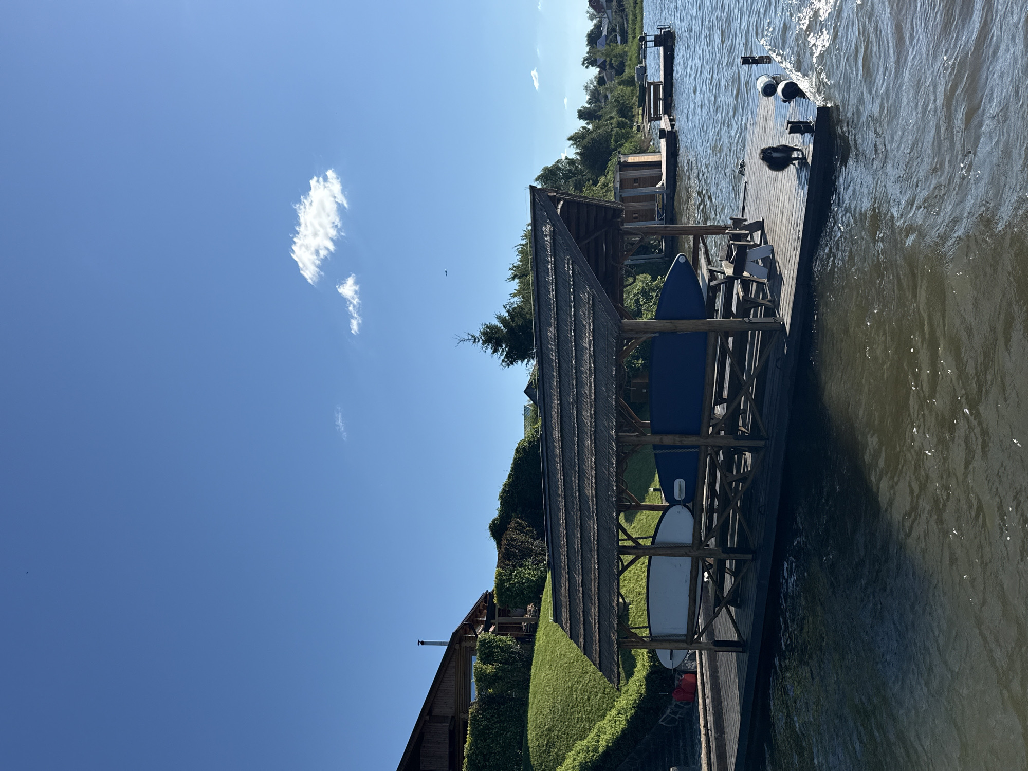The image shows a wooden dock on a body of water, with a covered boat shed containing two surfboards. A small, fluffy black dog stands on the dock. In the background, there is a large wooden house situated on a grassy hill, with lush green foliage surrounding it. The sky is a clear blue with a few scattered clouds. The overall scene depicts a serene waterfront property. The location is specified as Votkinsk, Russia.