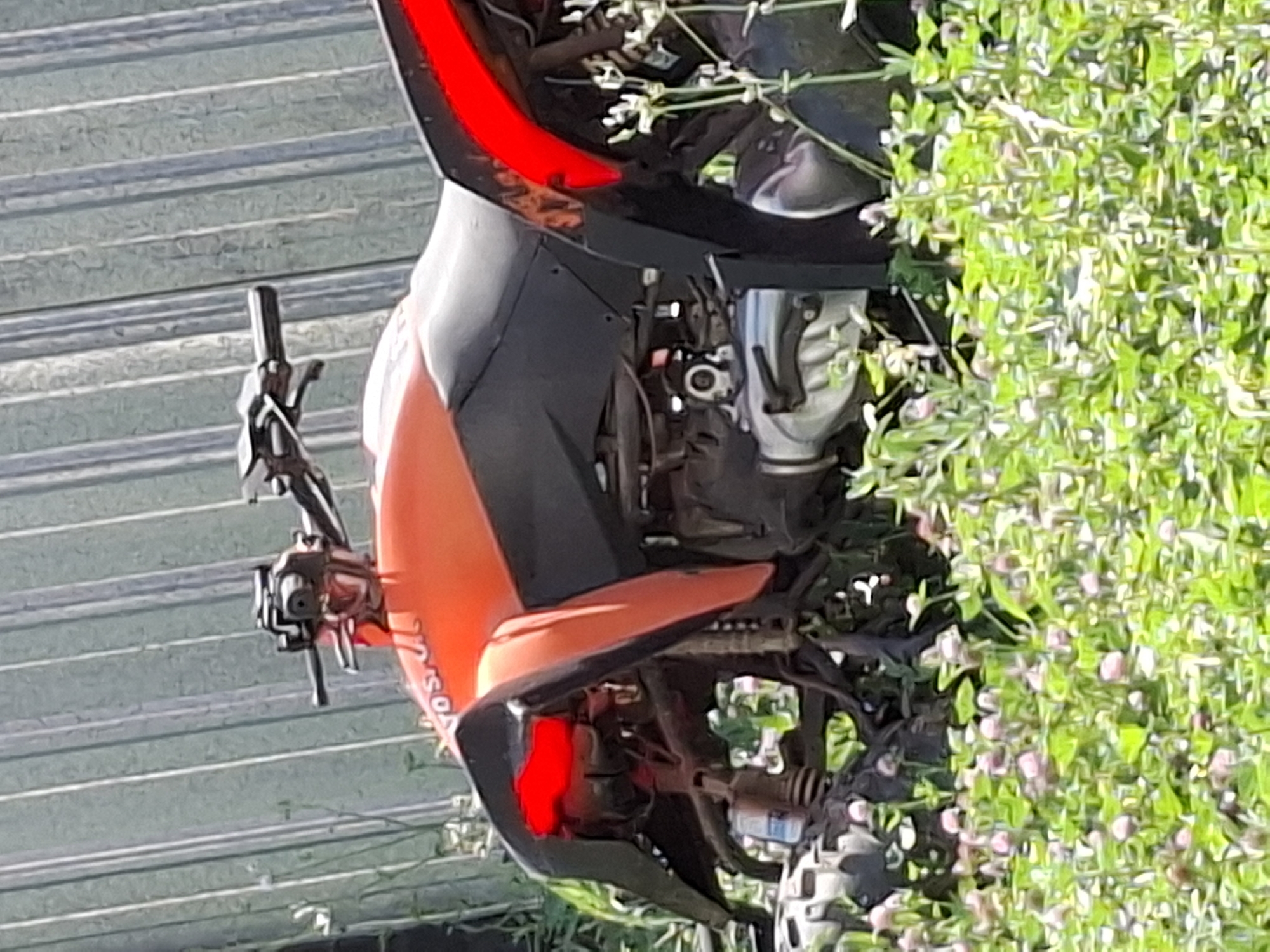 The image shows an orange and black ATV parked in a grassy area with small pink flowers. The ATV is partially obscured by foliage. In the background, there is a corrugated metal fence. The scene appears to be outdoors. There are no people visible in the image. The location is Almaty, Kazakhstan.