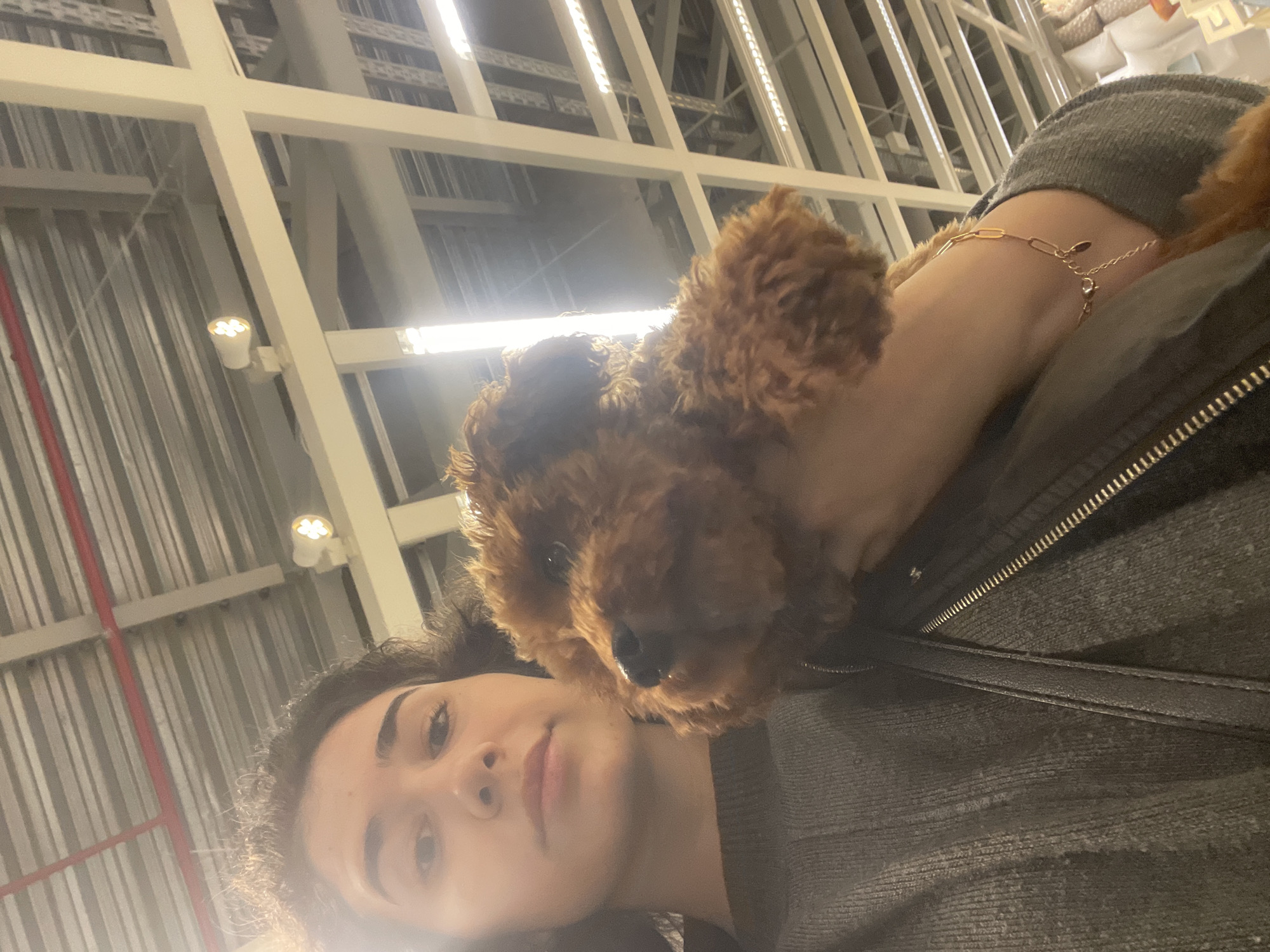 A young woman takes a selfie with a small brown dog. The dog is resting its head on the woman's shoulder. The woman is wearing a gray top, and a gold bracelet on her wrist. The background is a high-ceilinged commercial space, possibly a warehouse or a large store, with metal beams and bright overhead lighting. The location is not identifiable as Sofia, Bulgaria based on the image content alone.