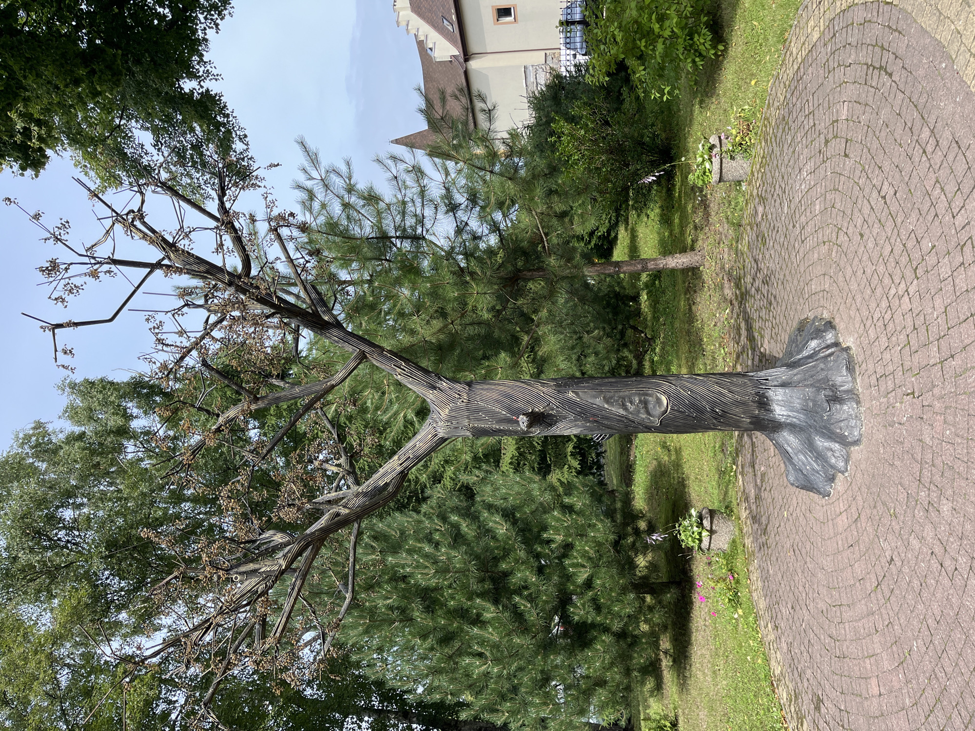 The image shows a metal sculpture of a tree in a park-like setting. The sculpture is dark gray with a textured trunk that appears to be made of ribbed metal. The branches are thin and sparse, with small, dark brown clusters that resemble dried leaves or seed pods. The base of the sculpture is wide and irregular, mimicking tree roots.
The sculpture is situated on a circular paved area made of reddish-brown cobblestones arranged in concentric semi-circles. Behind the sculpture, a tall evergreen tree with dense green needles is visible, along with other trees and shrubs. In the background, a building with a light-colored facade and a steeply pitched brown roof can be seen. There are also two small potted plants on either side of the sculpture. The ground surrounding the paved area is covered in green grass, with a few scattered pink and white flowers. The sky is overcast with a pale blue hue.
This metal tree sculpture is located in the Park of Friendship (Park Druzhby) in Yantarny, Russia. The park is a popular tourist destination known for its sculptures and recreational areas.