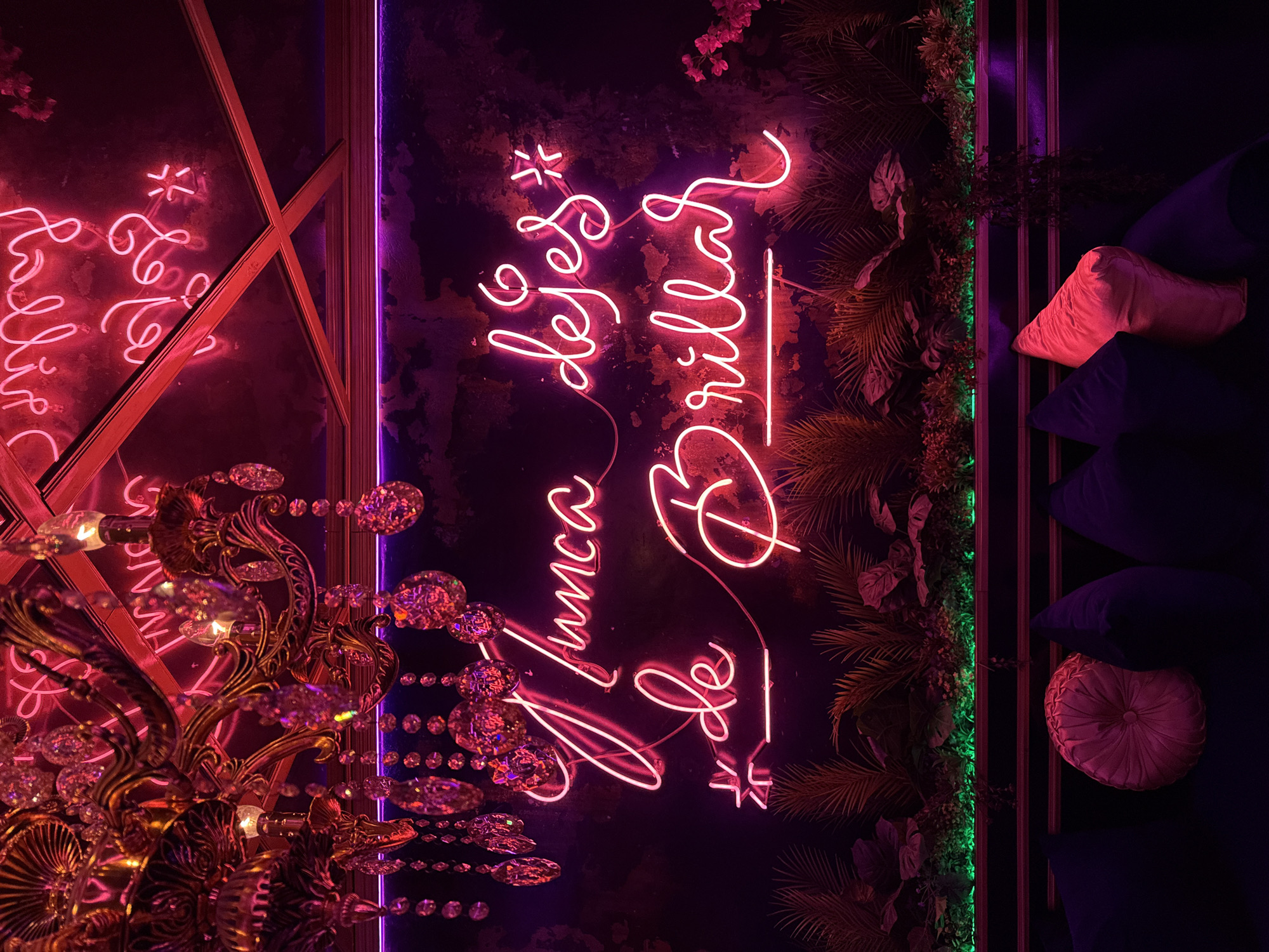A neon sign reads "Nunca dejes de Brillar" (Never stop shining) in front of a vertical plant wall and pillows in Puebla, Mexico. The sign is in a vertical orientation, and a chandelier hangs in the lower-left corner. The plant wall is on the right side of the sign, and the pillows are to the right of the plant wall. The pillows are a variety of colors, including pink, blue, and purple. The background is dark and out of focus. The image is rotated.