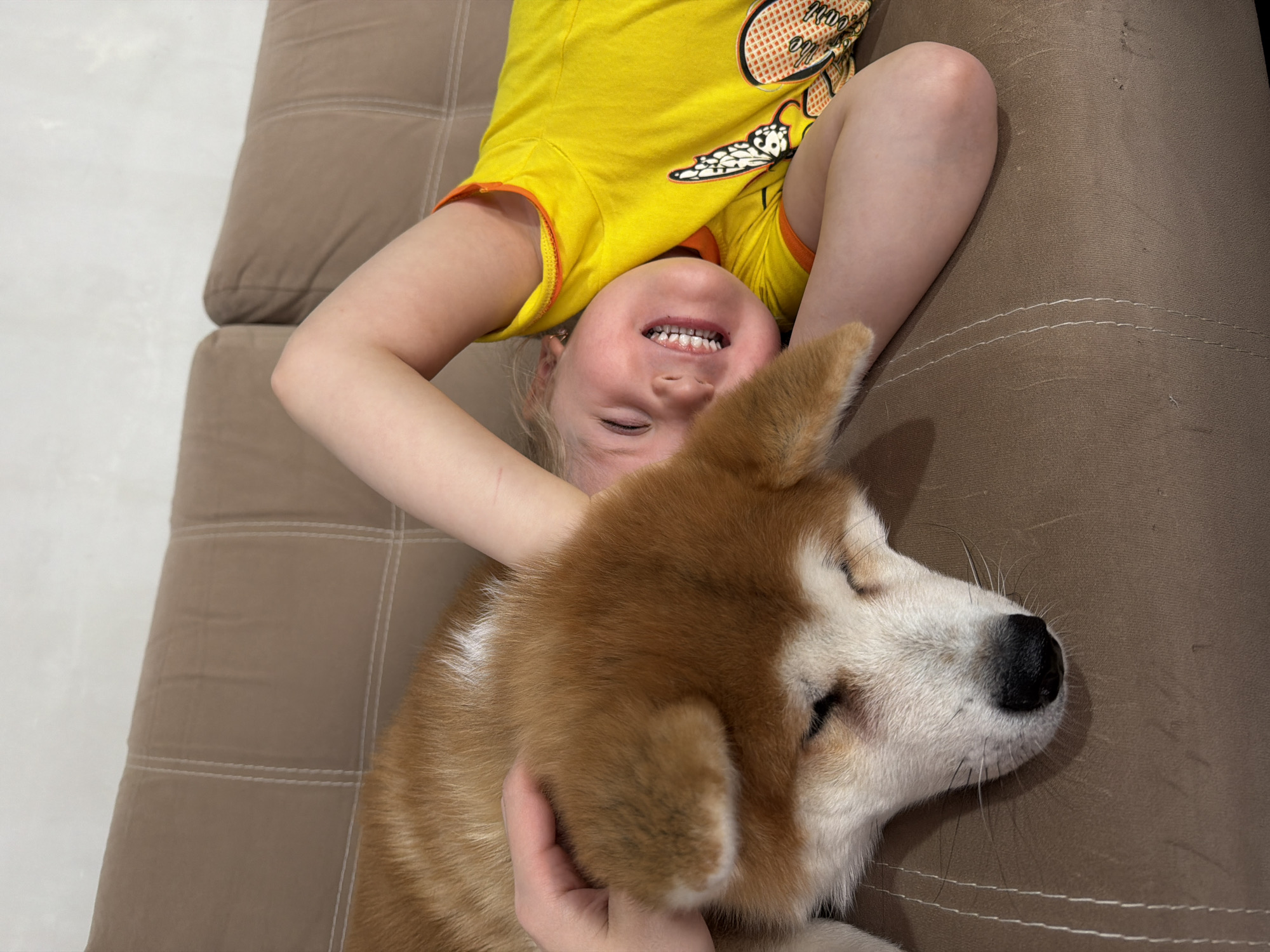 A young child wearing a yellow t-shirt with a graphic print is lying upside down on a brown sofa. The child is smiling with teeth visible. An Akita dog is lying next to the child, and the child is touching the dog. The location is Chaikovsky, Russia.