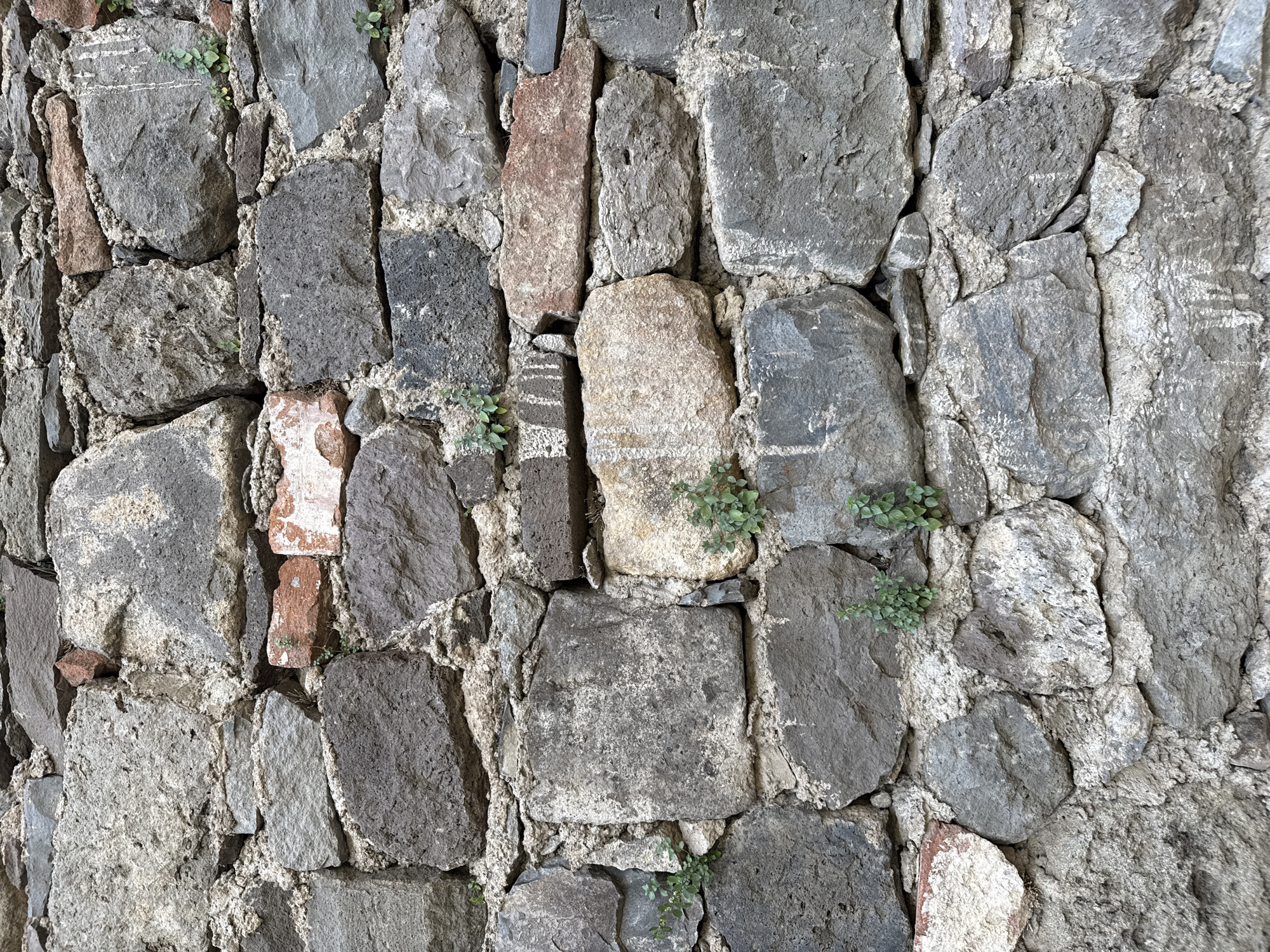 The image shows a close-up, eye-level, full-frame shot of a stone wall. The wall is constructed from irregularly shaped rocks of varying sizes and colors, primarily in shades of grey, brown, and some reddish-orange from embedded bricks. The stones are mortared together with a light-colored cement. Small green plants are growing in some of the crevices between the stones. The lighting is even, suggesting an overcast day or diffused sunlight. The overall texture is rough and weathered. This wall is located in the village of Goght, Armenia, near the Geghard Monastery.