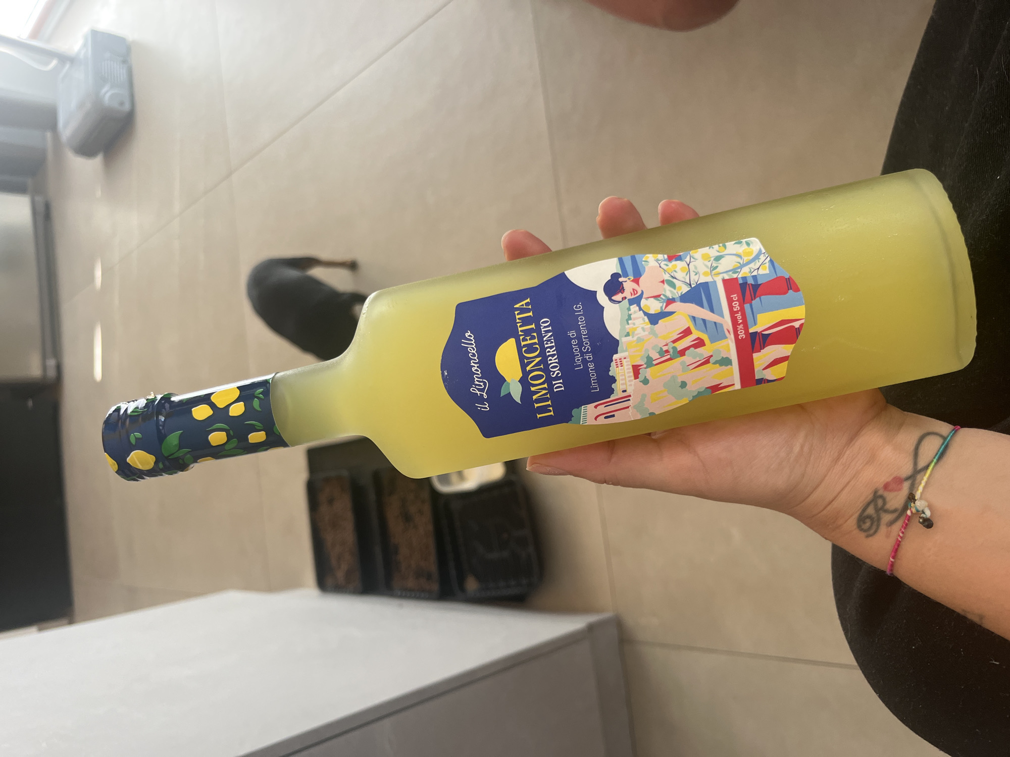 A person holds a bottle of yellow limoncello labeled "LIMONCETTA DI SORRENTO". The bottle has a decorative cap with a lemon and leaf pattern. The person's wrist, visible in the lower left, has a tattoo and a colorful string bracelet. In the background, a small black dog is walking on a tiled floor. Partially visible on the left is a white cabinet or appliance. There are three black trays containing soil in the middle ground, suggesting indoor plants. The environment appears to be a domestic interior, possibly a kitchen or living area, with ample natural light illuminating the tiled floor. The specific location within Ceraso, Italy cannot be determined from the visual information.