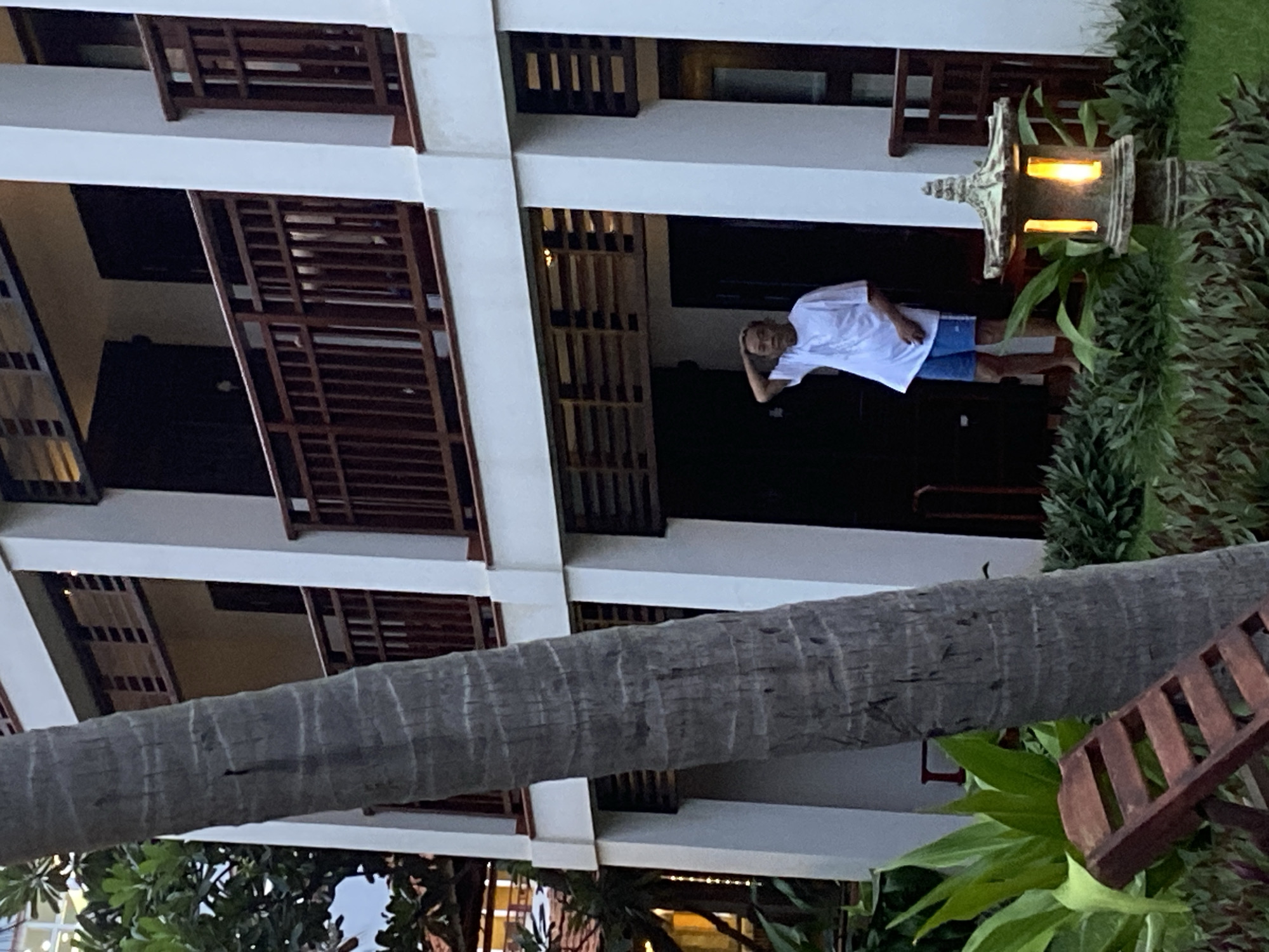The image appears to be taken from a ground-level perspective, looking upwards at a multi-story building in Phu Thuy Ward, Vietnam. The building has white walls and dark brown wooden balconies or railings on each floor. A man, dressed in a white shirt and blue shorts, stands on one of the balconies. A traditional lantern with a warm glow is visible on a balcony. A thick palm tree trunk dominates the foreground, obscuring part of the building. Lush green foliage and a wooden structure are situated next to the tree trunk.